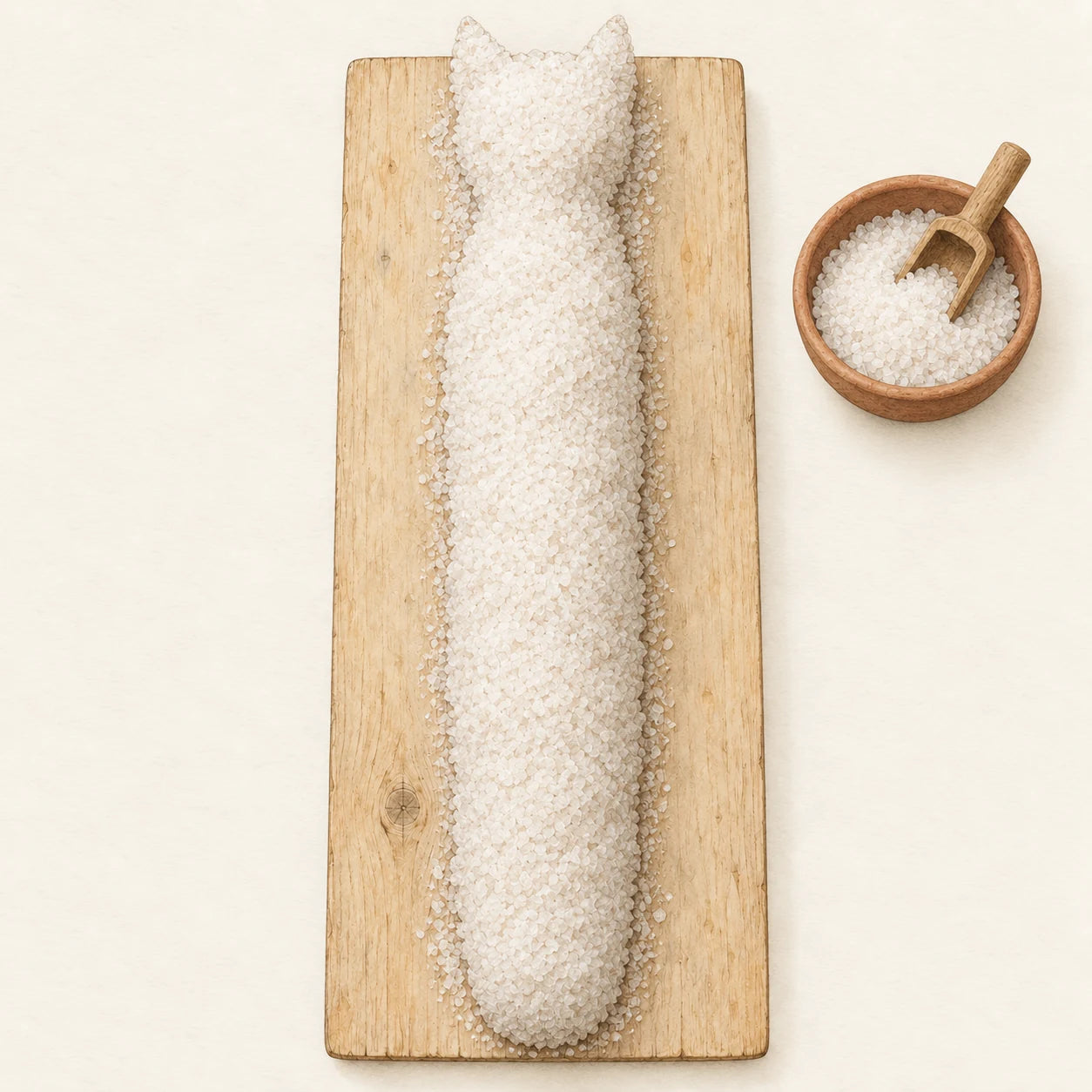 A long cat-sized form completely covered in pale natron granules on a wooden work board.