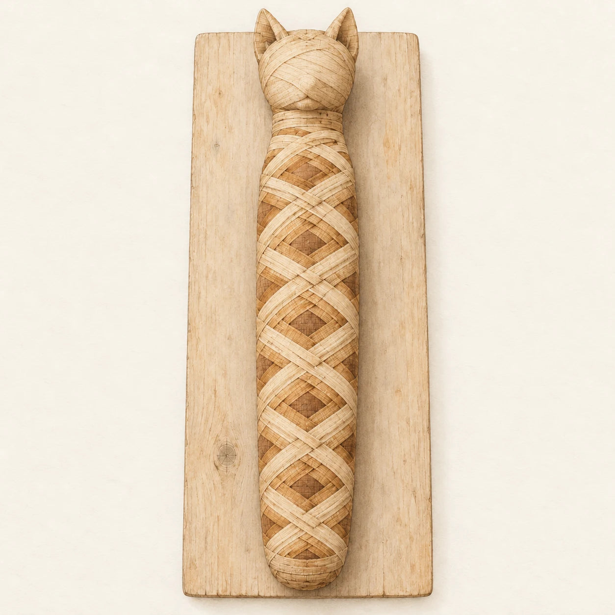 The same long linen bundle with cream and brown strips folded into a repeating diamond pattern; the head is unpainted.
