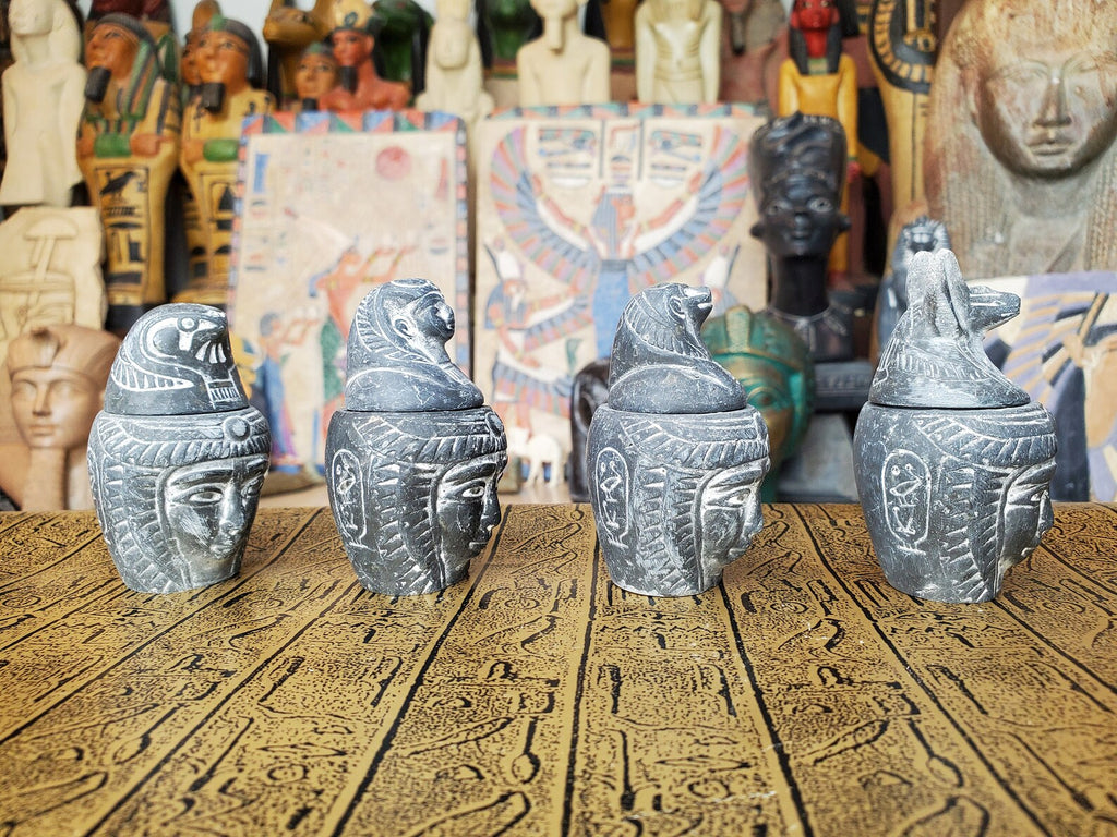 Hand-Carved Egyptian Canopic Jars - Set of 4, 7 cm