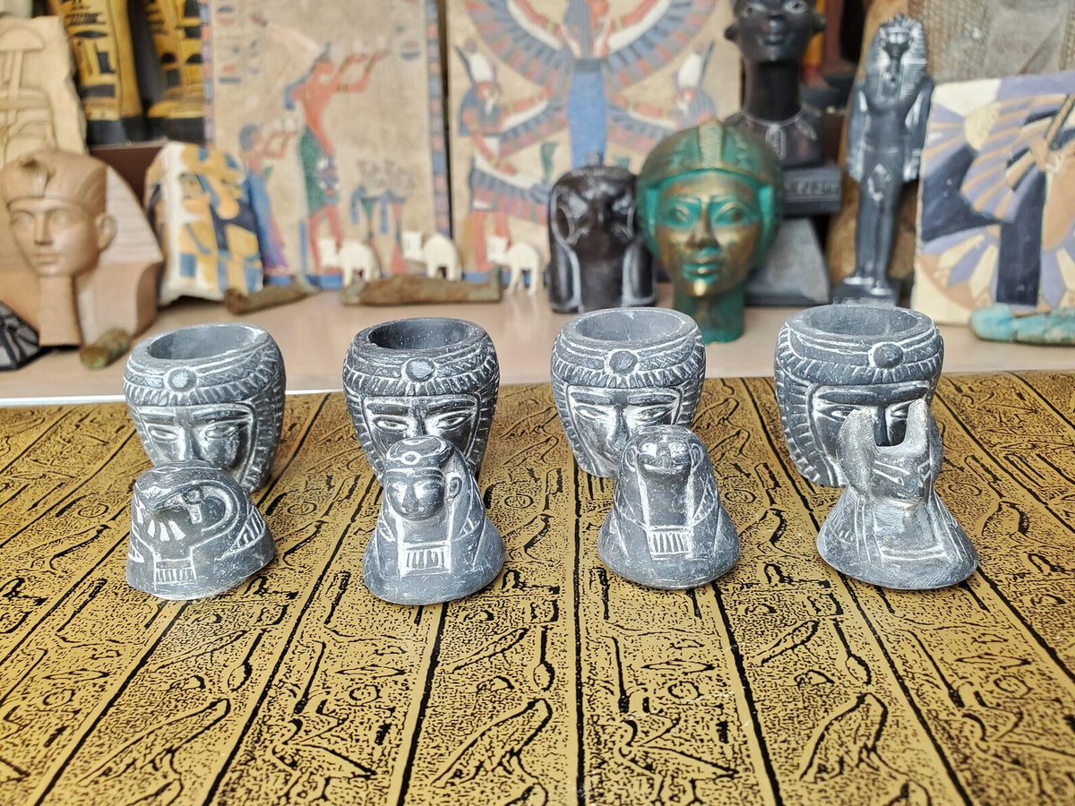 Hand-Carved Egyptian Canopic Jars - Set of 4, 7 cm