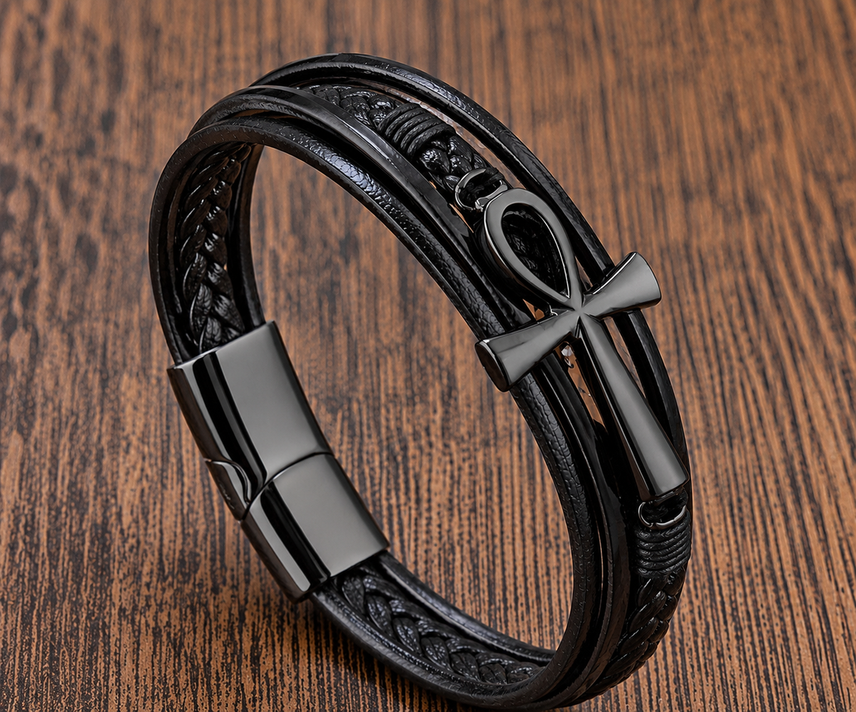 Ankh Braided Leather Bracelet