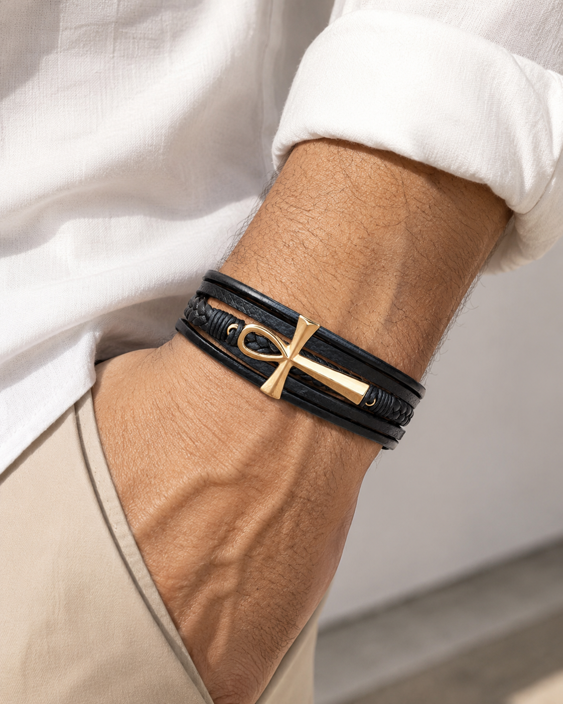 Ankh Braided Leather Bracelet