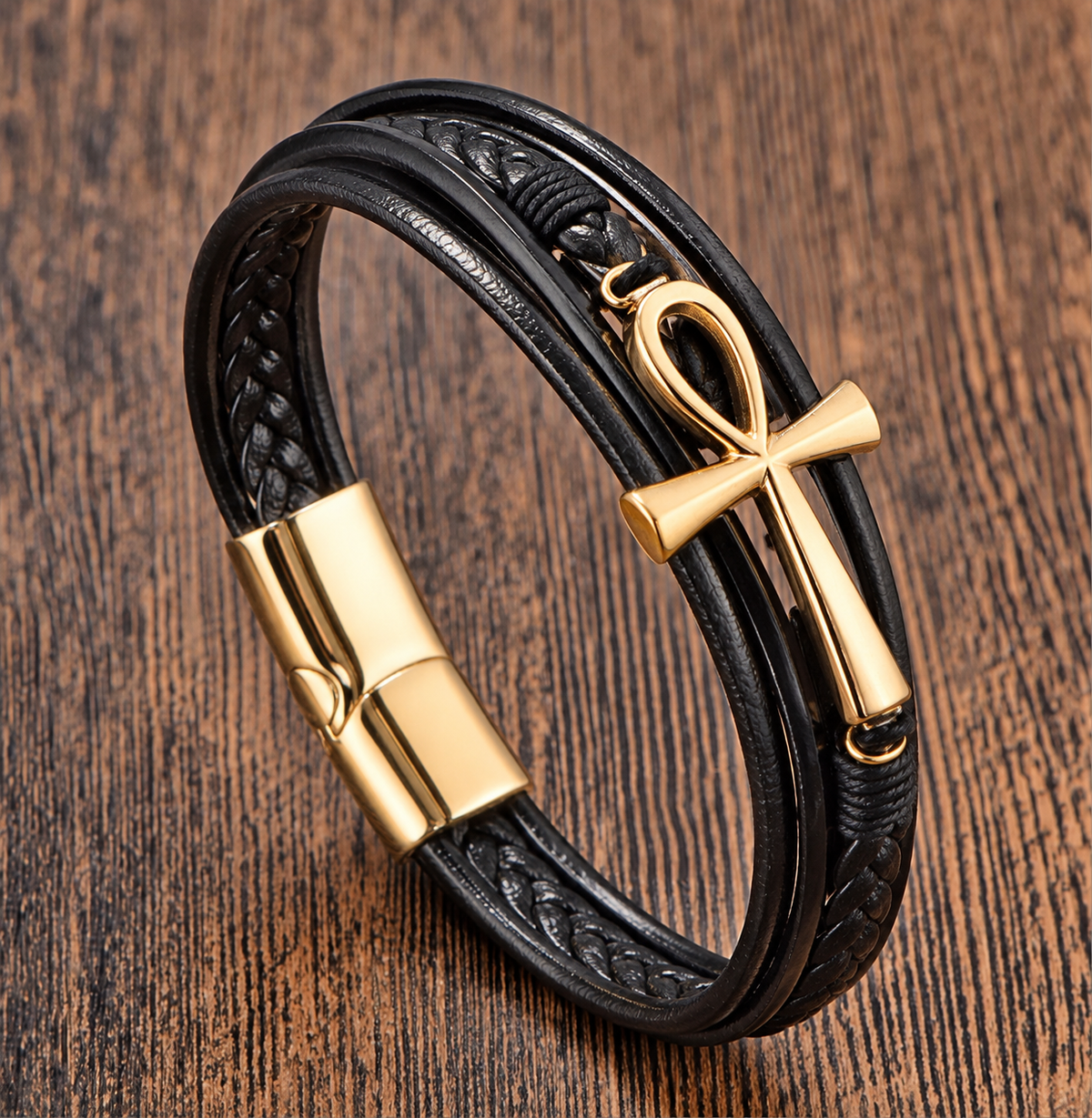 Ankh Braided Leather Bracelet