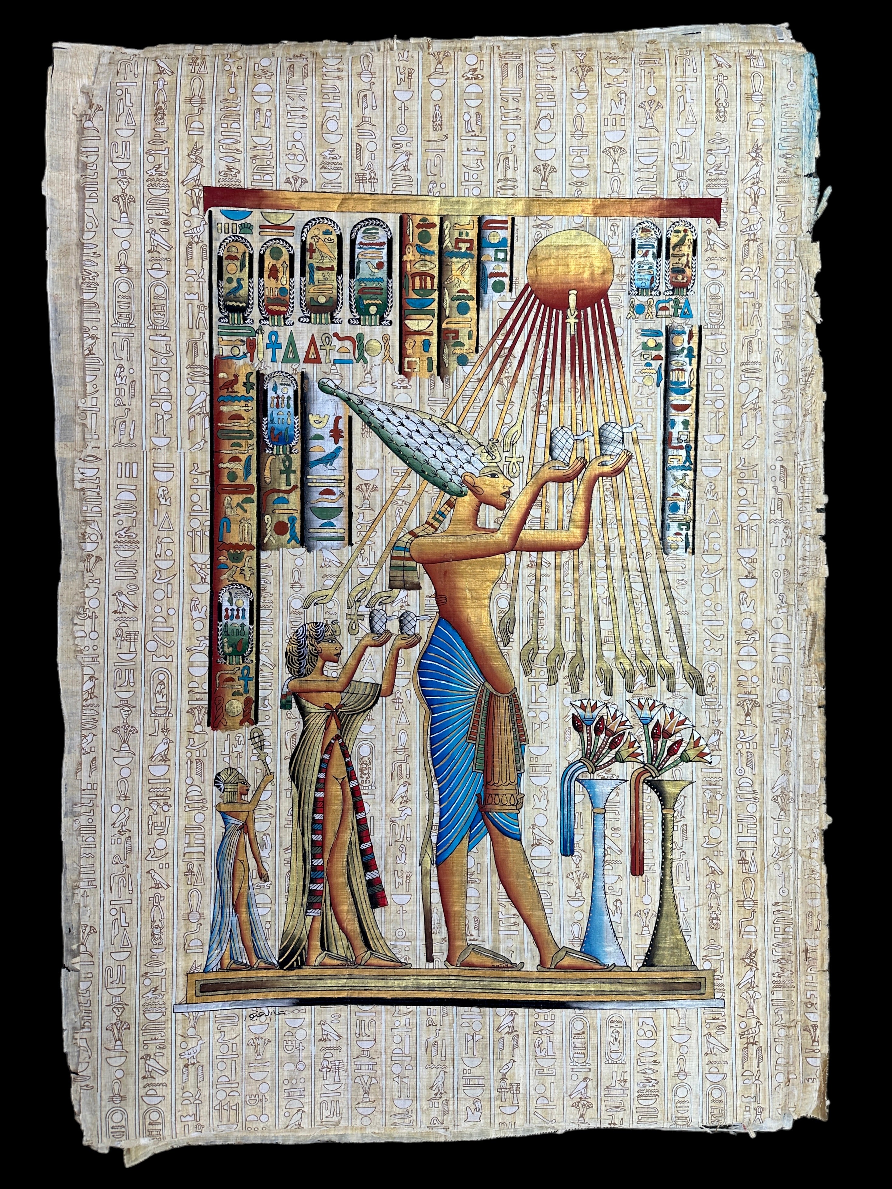 Akhenaten worshipping Aten Papyrus - 100x70cm