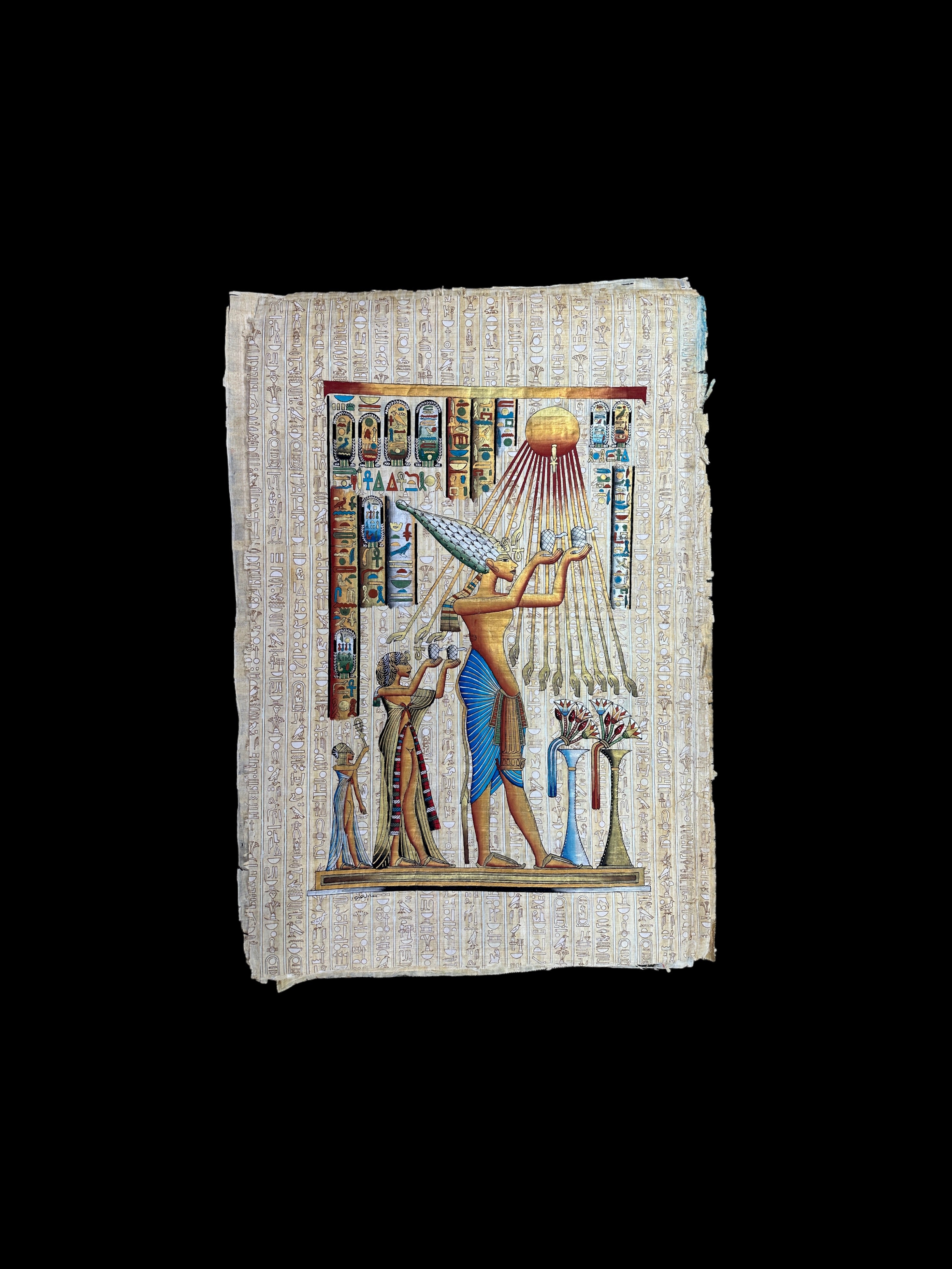 Akhenaten worshipping Aten Papyrus - 100x70cm