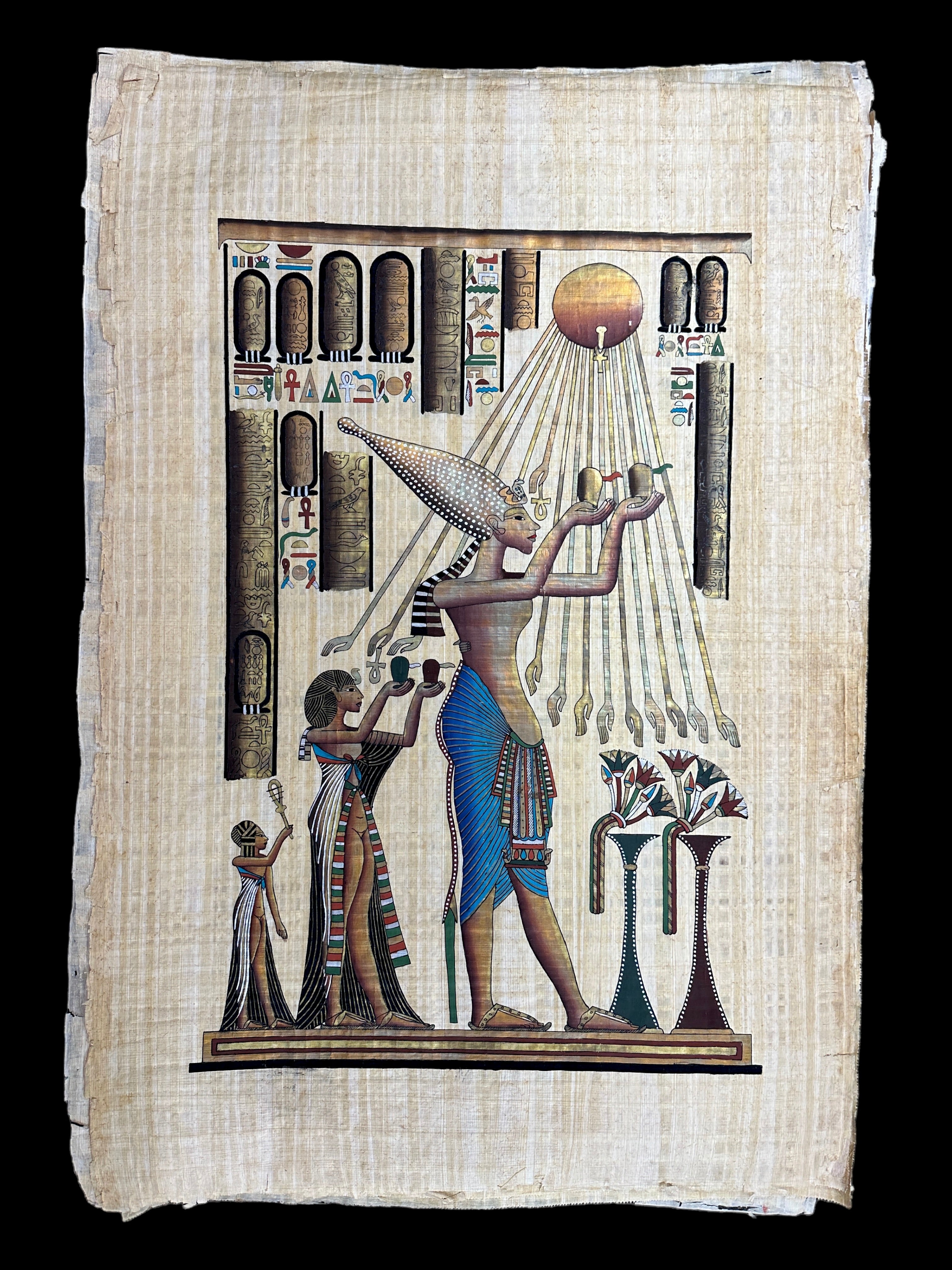 Akhenaten worshipping Aten Papyrus - 100x70cm