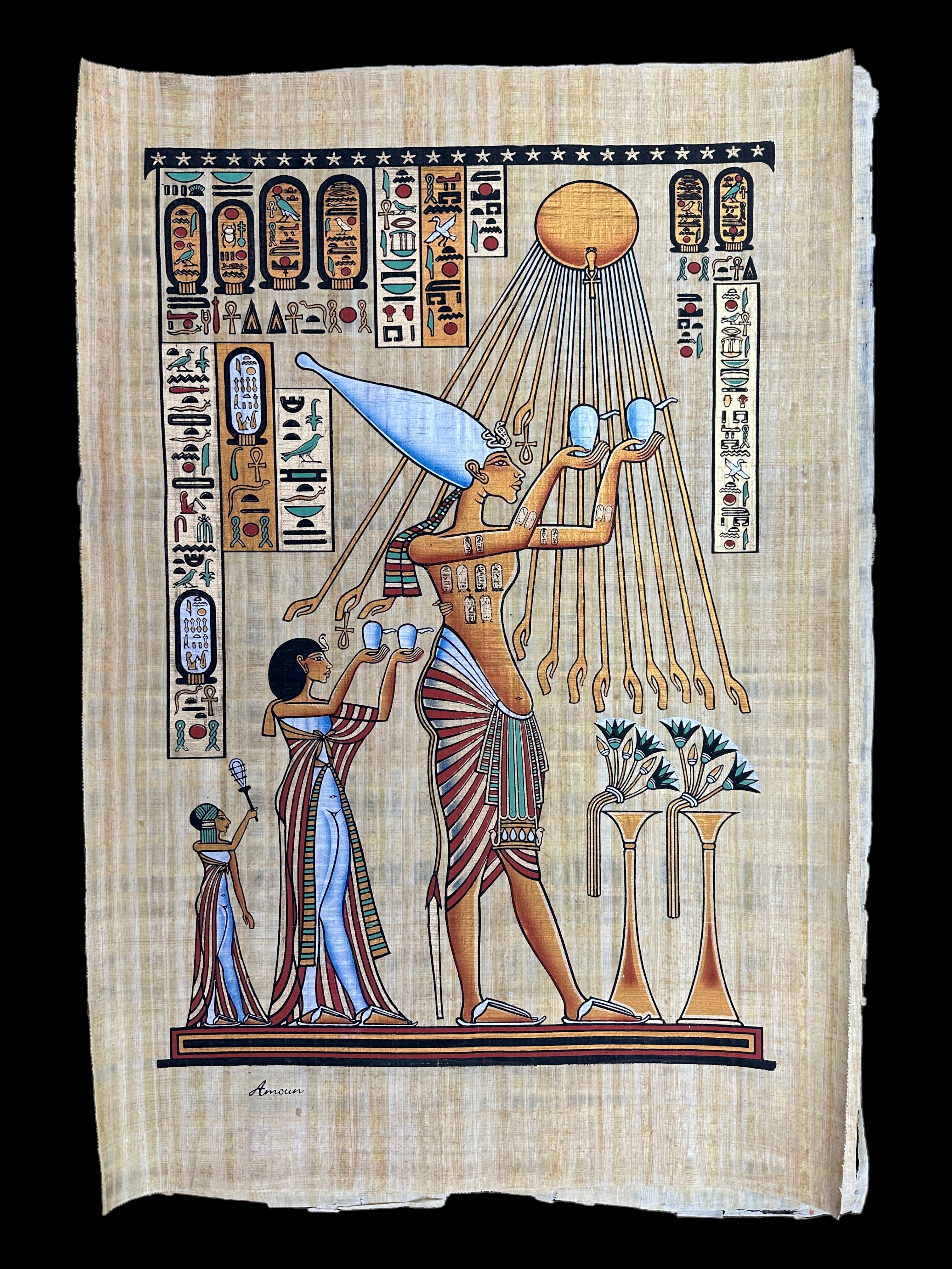 Akhenaten worshipping Aten Papyrus - 100x70cm