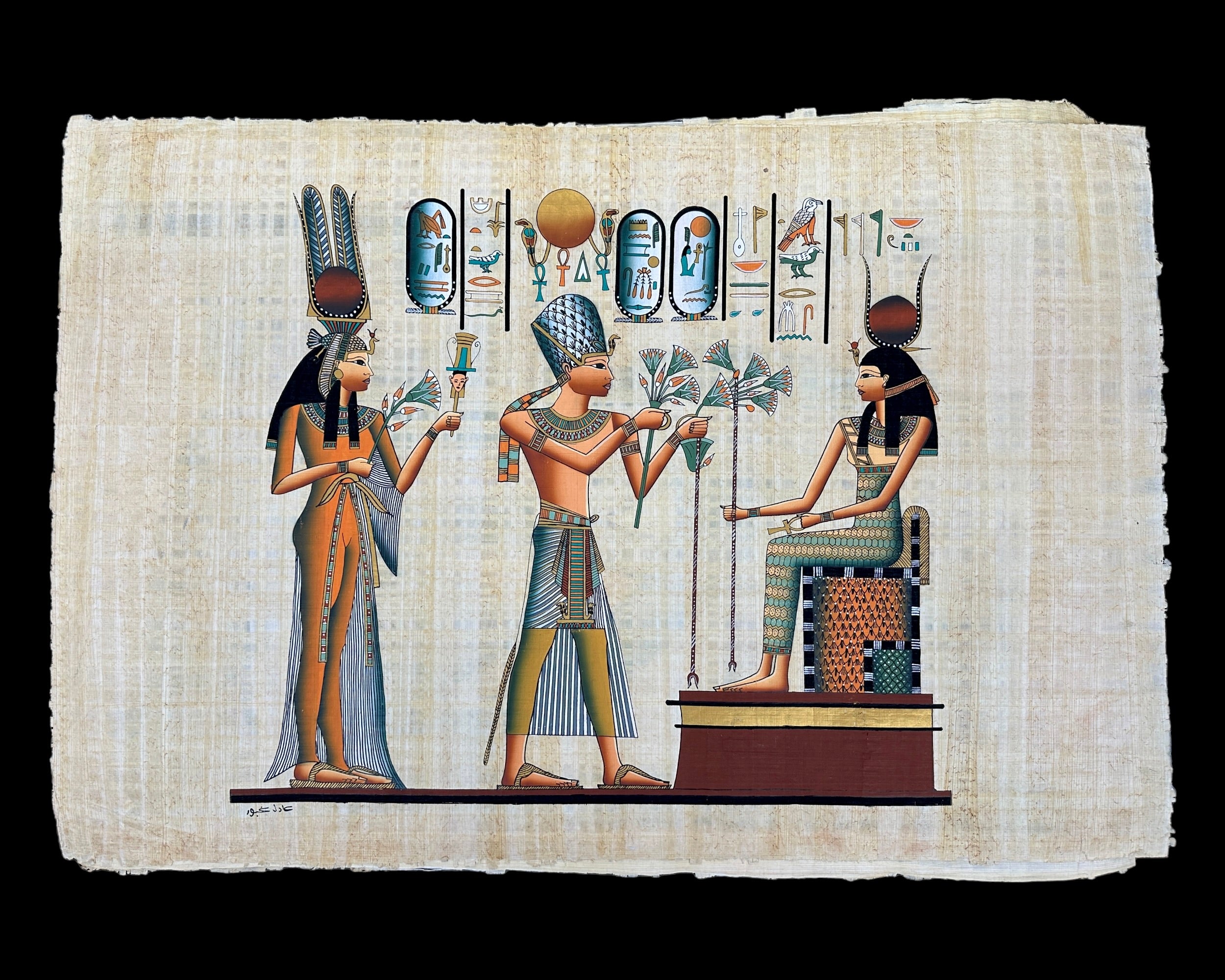 Ramses II & Queen Nefertari offering Lotus Flowers to Goddess Isis - 100x70cm