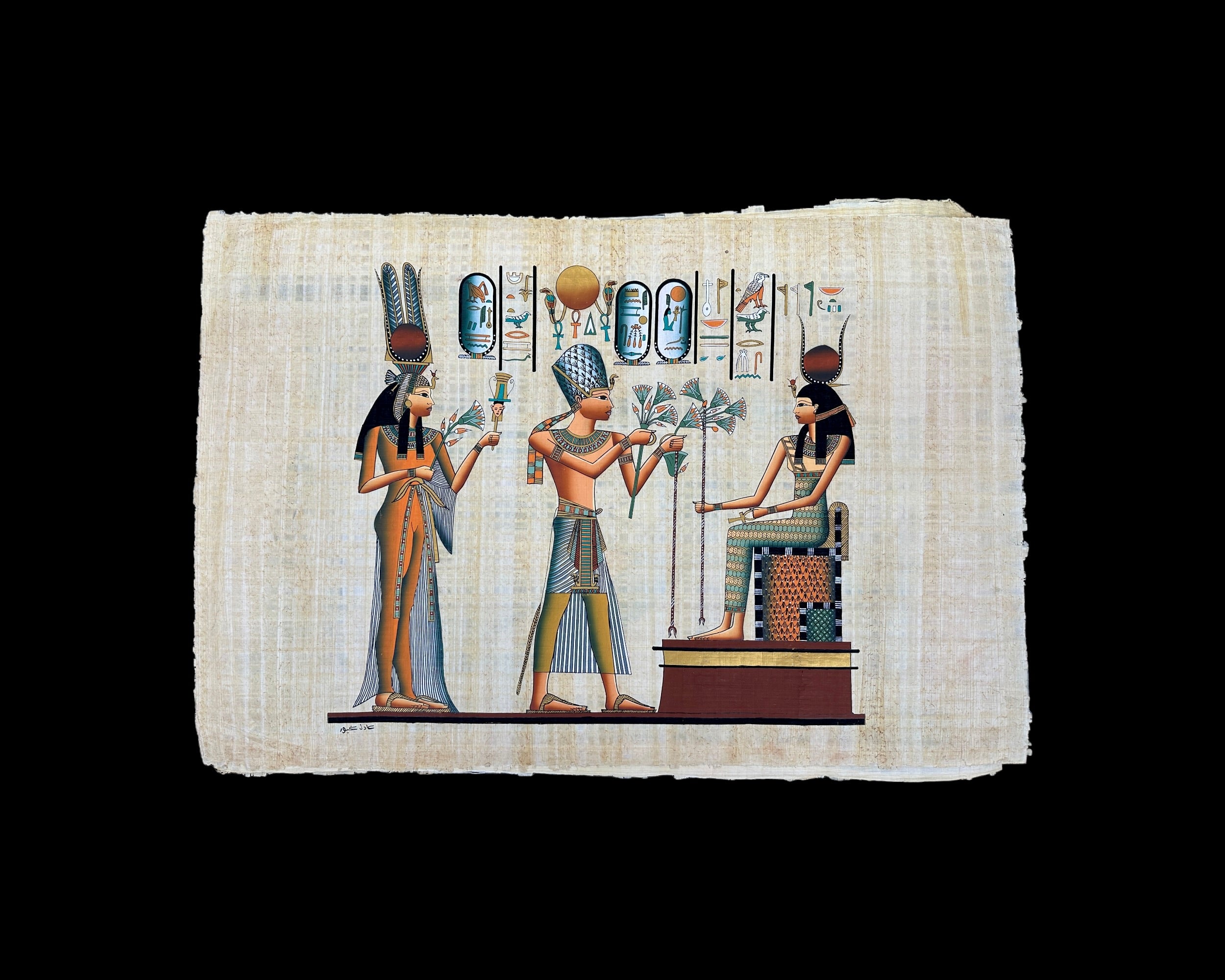 Ramses II & Queen Nefertari offering Lotus Flowers to Goddess Isis - 100x70cm