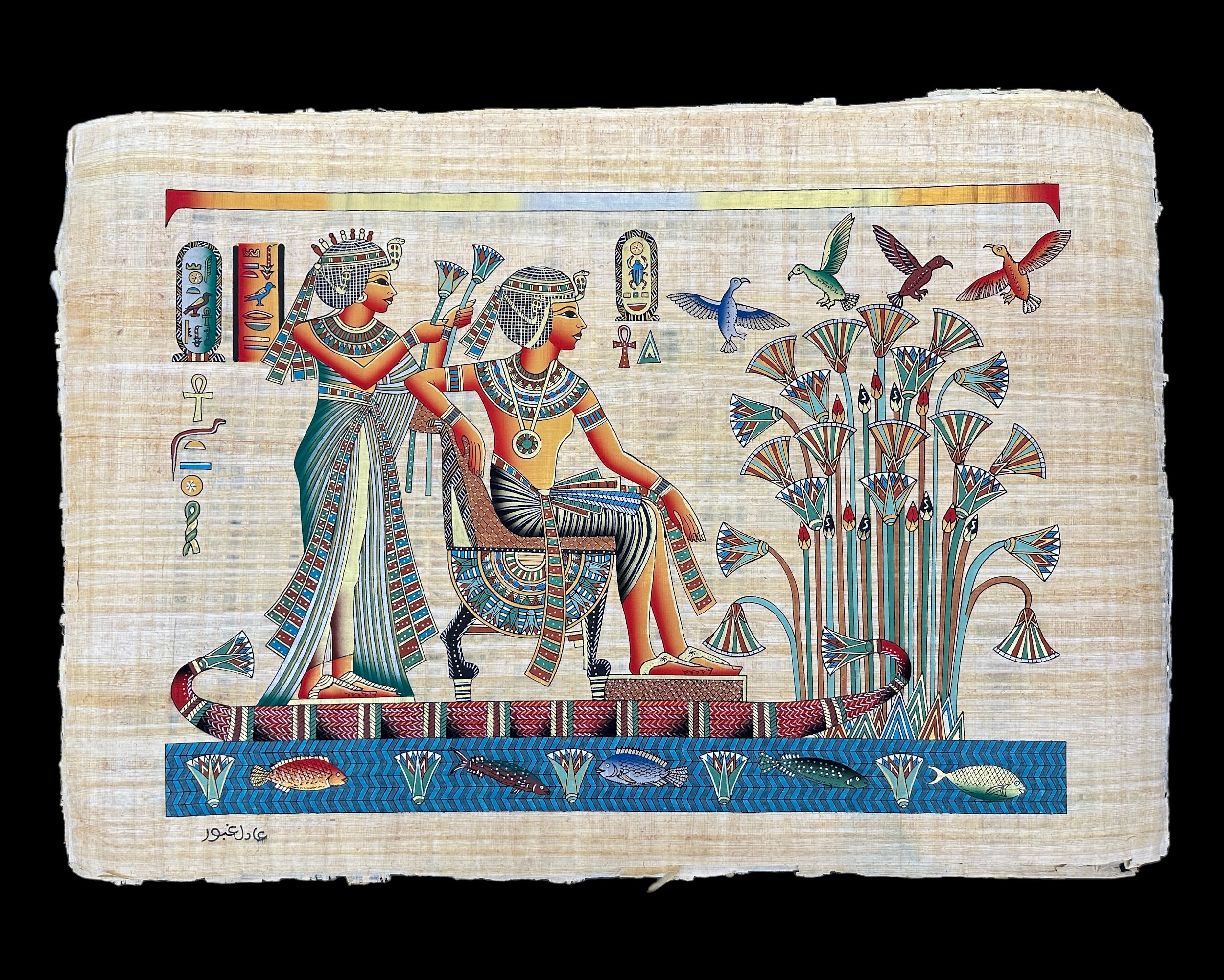 King Tutankhamun with Queen Ankhesenamun on Nile Boat - 100x70cm