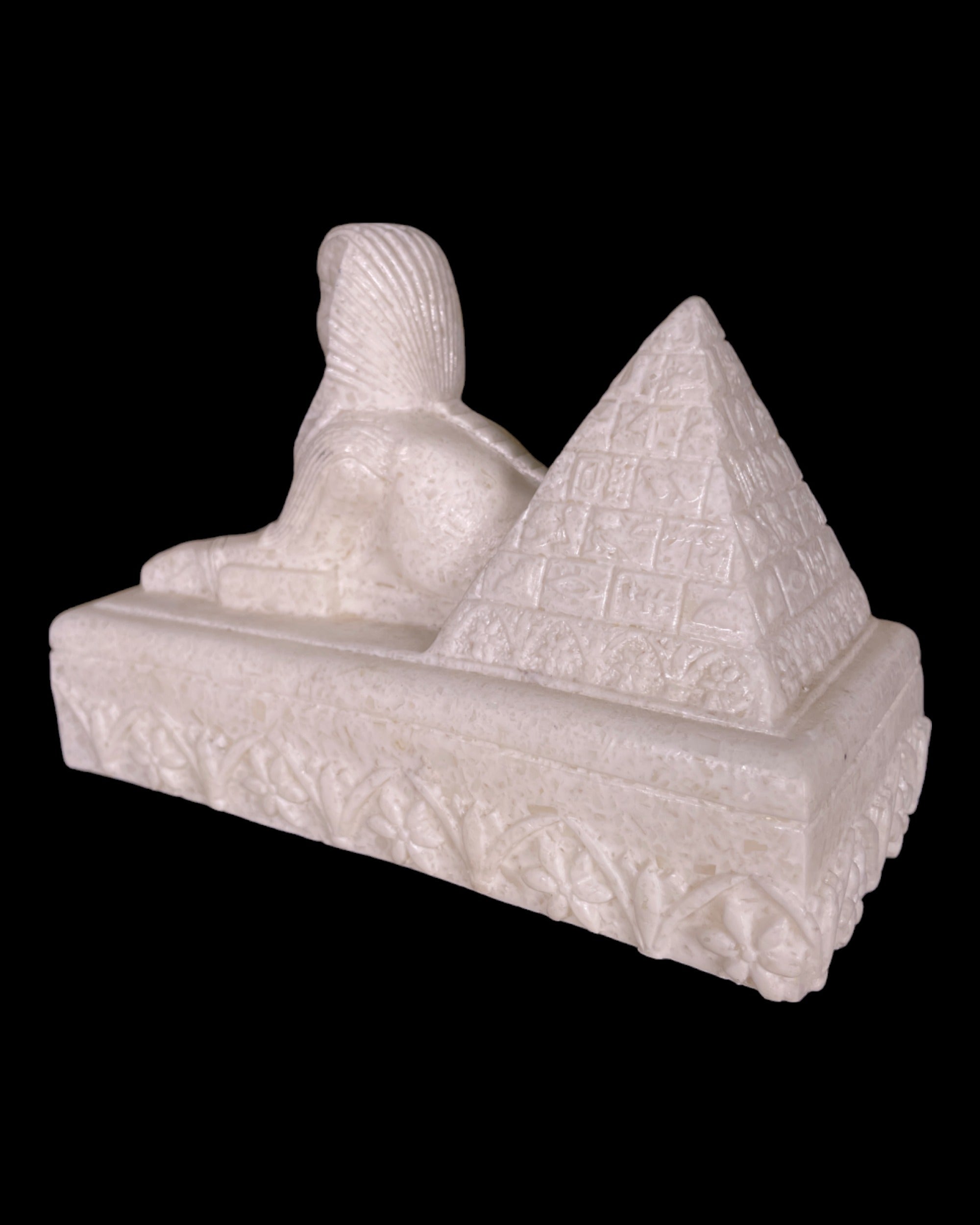 Alabaster Sphinx with Pyramid Statue