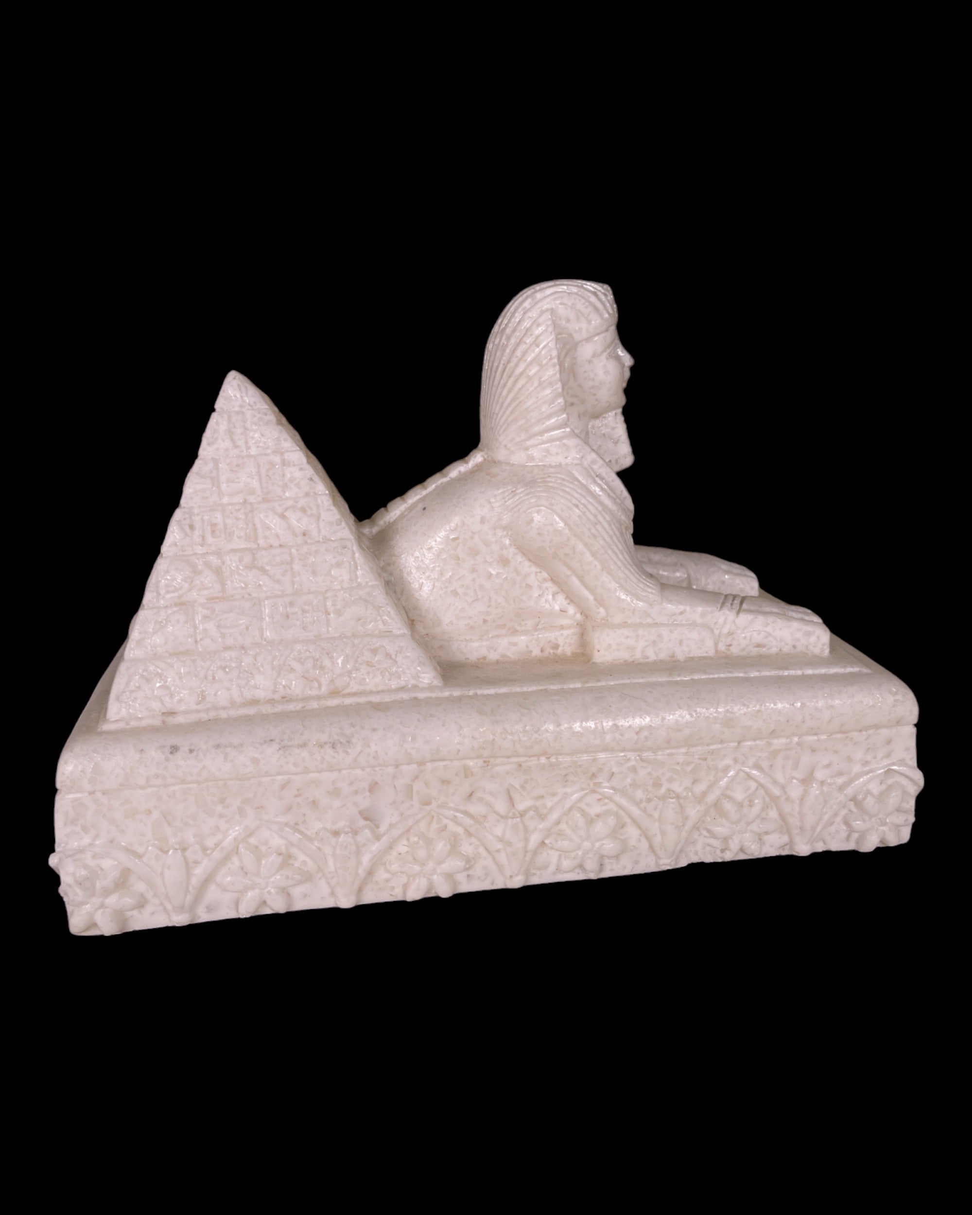 Alabaster Sphinx with Pyramid Statue