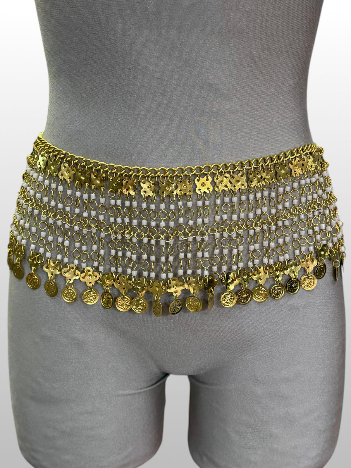 Egyptian Brass Coin Belt with White Beads