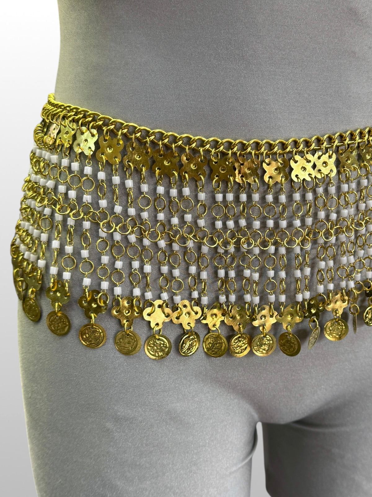 Egyptian Brass Coin Belt with White Beads