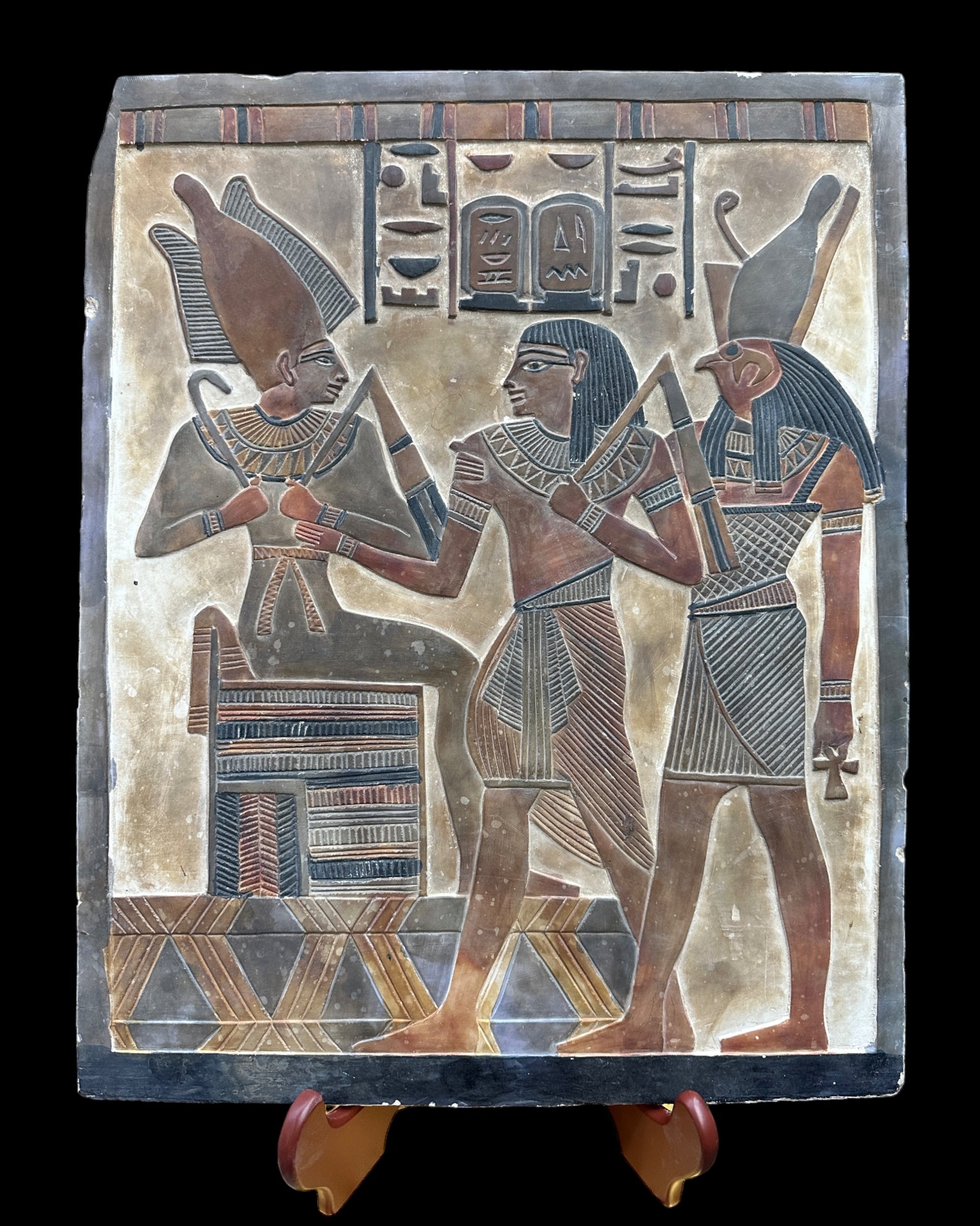 Pharaoh Making an Offering to Osiris and Horus Plaque