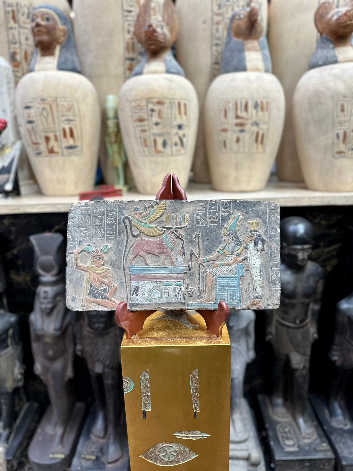 Egyptian Bull and Figures Stone Plaque - 36 × 19 cm