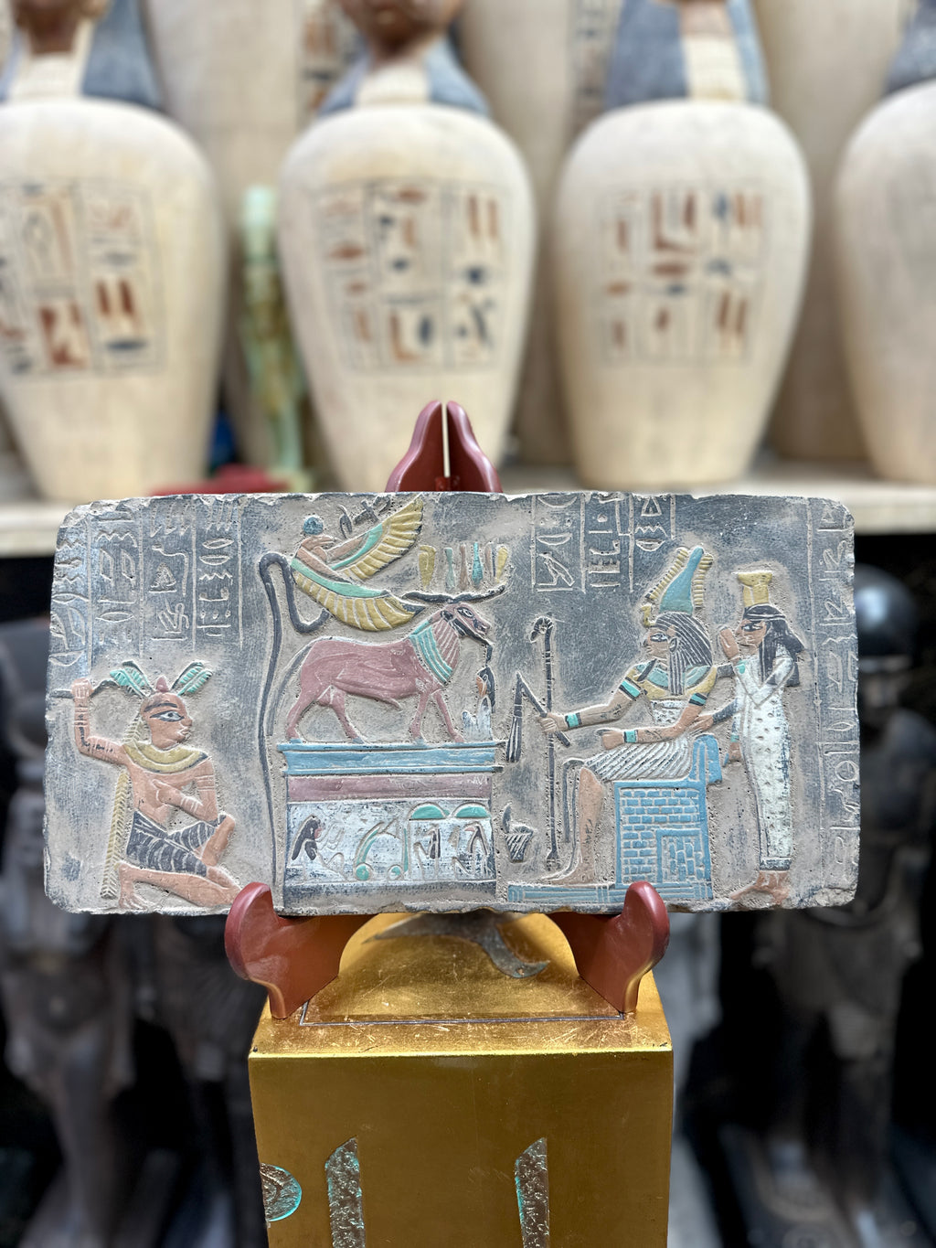 Egyptian Bull and Figures Stone Plaque - 36 × 19 cm