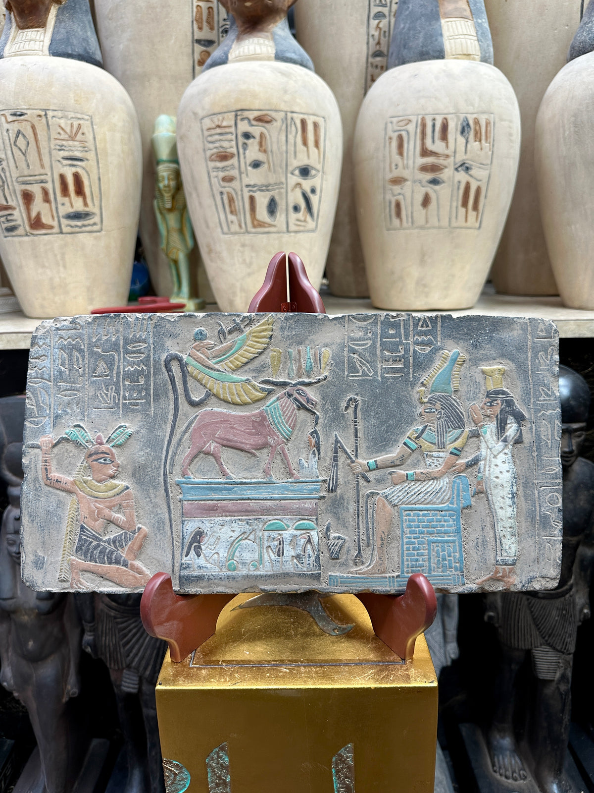 Egyptian Bull and Figures Stone Plaque - 36 × 19 cm