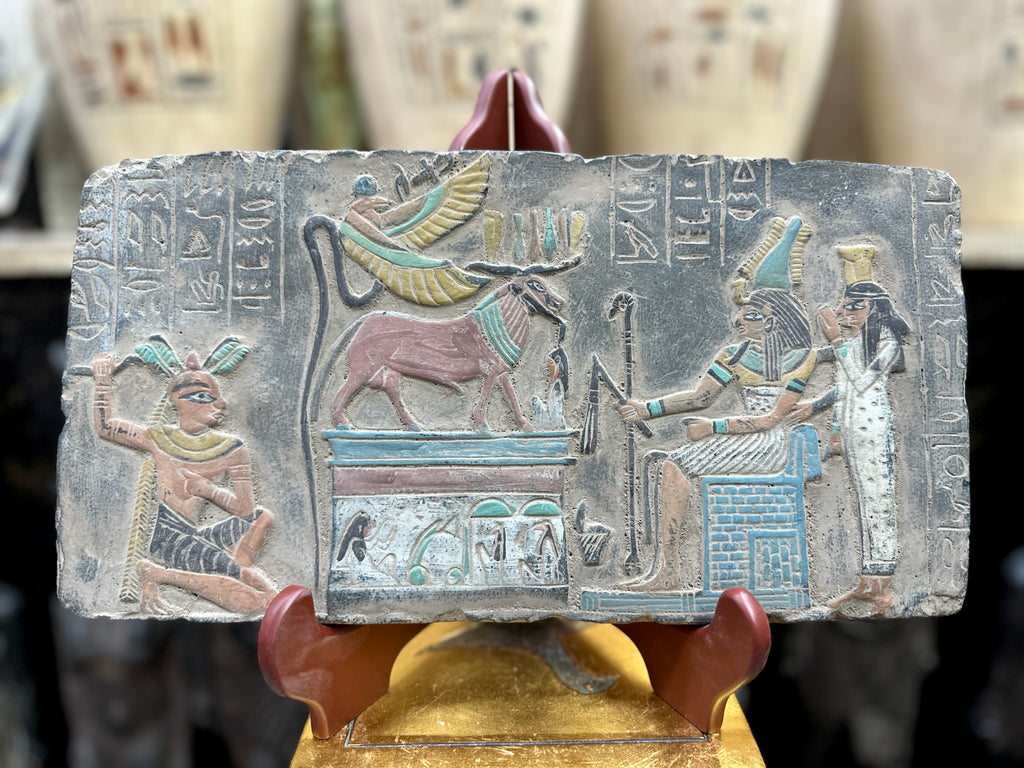 Egyptian Bull and Figures Stone Plaque - 36 × 19 cm