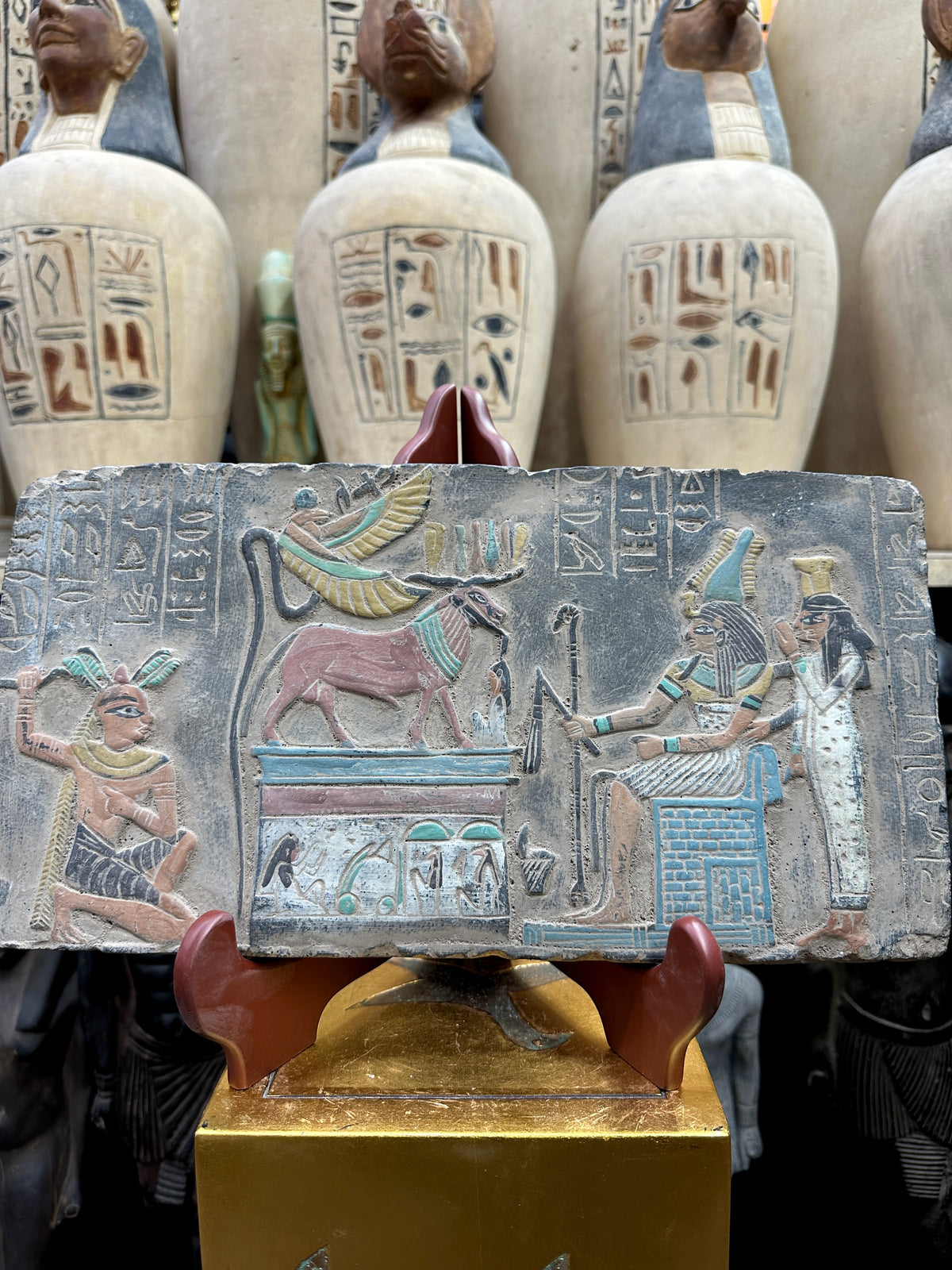 Egyptian Bull and Figures Stone Plaque - 36 × 19 cm