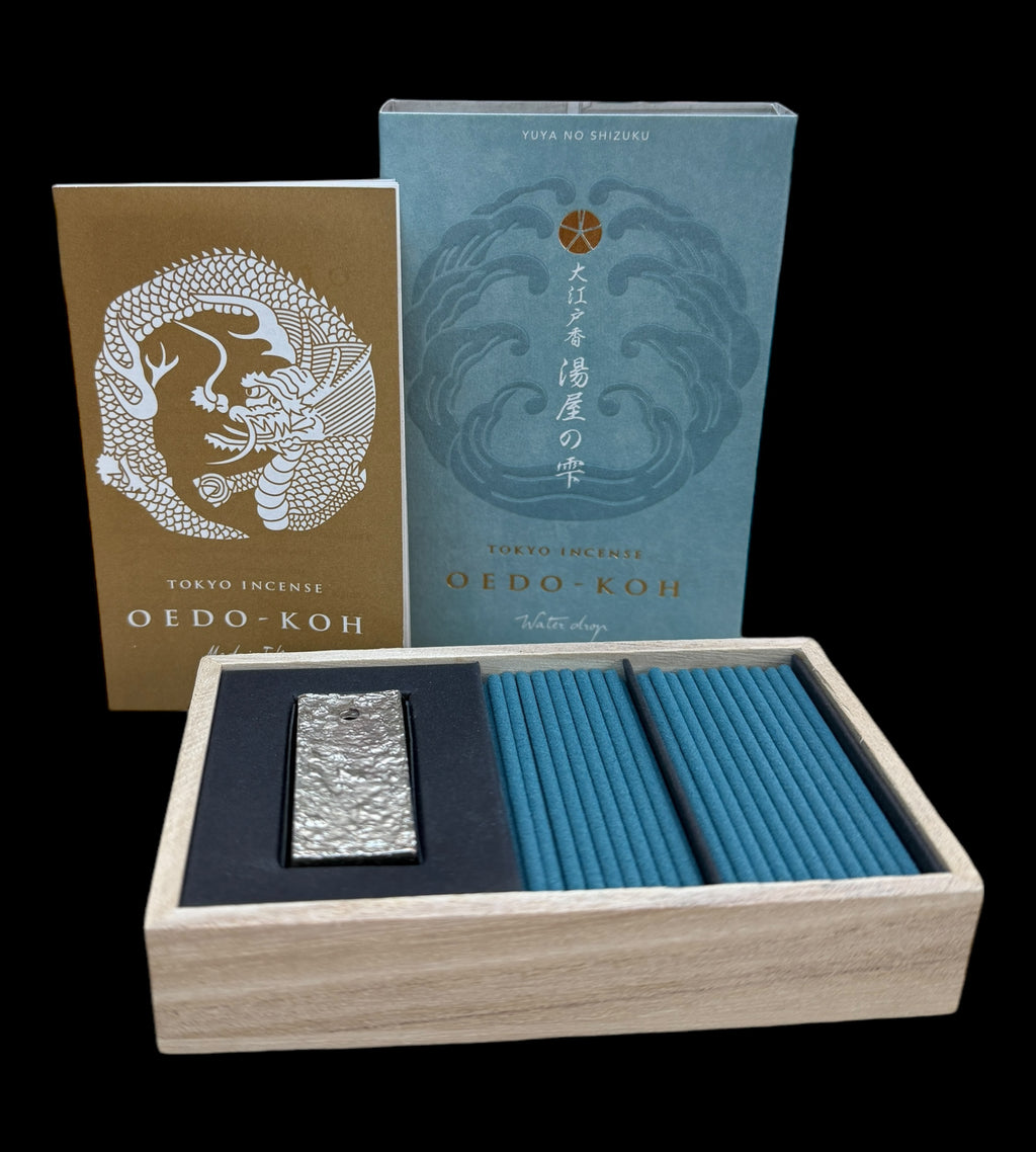 Oedo-Koh Water Drop Incense Gift Set 60 sticks with tin burner and wooden gift box Open