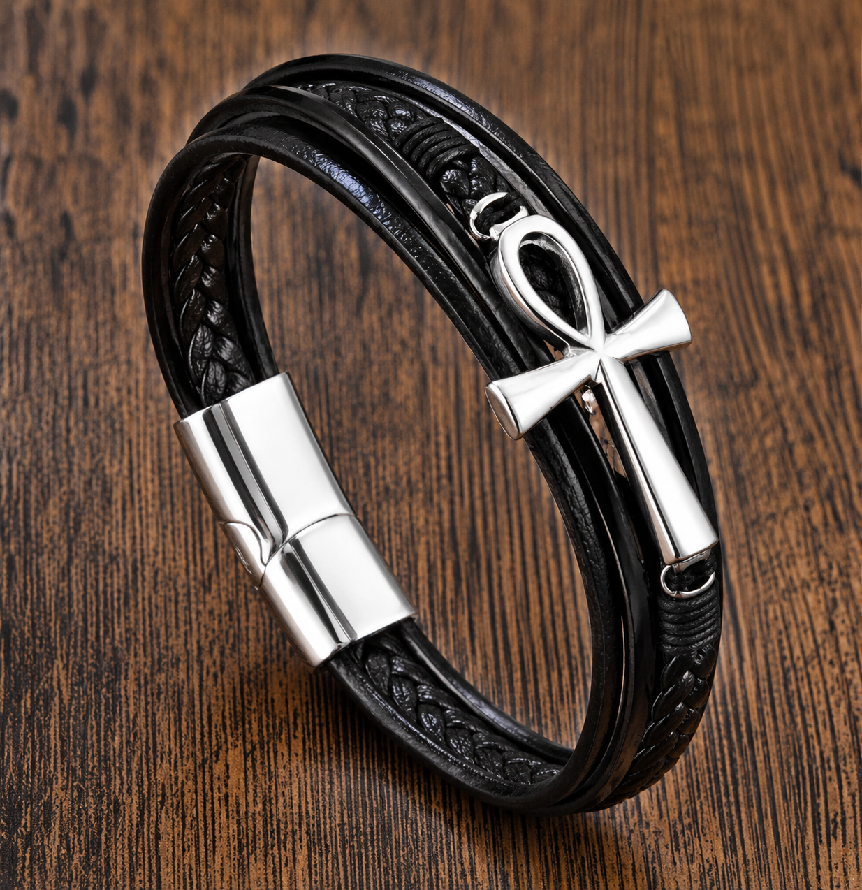 Ankh Braided Leather Bracelet