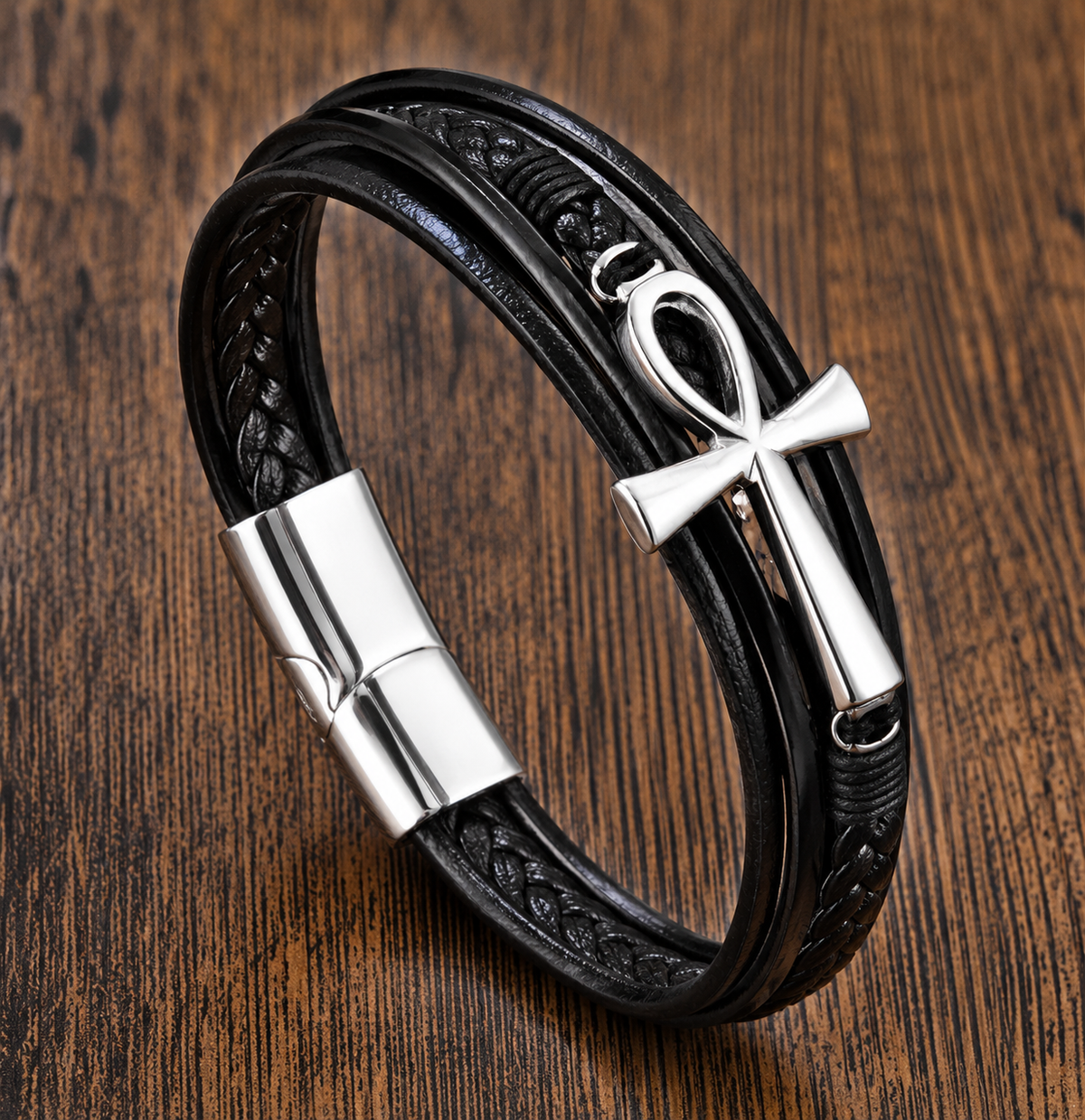 Ankh Braided Leather Bracelet