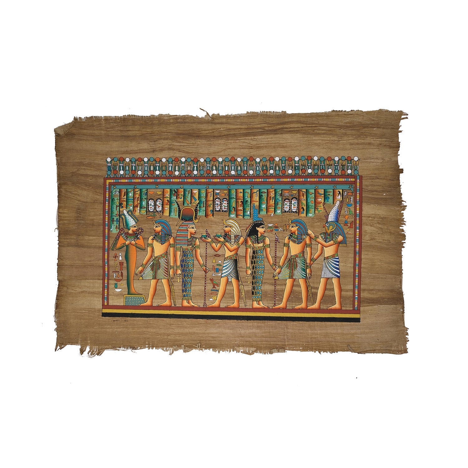 Ramses II being Led by Horus Making Offerings to Hathor, Isis, & Osiris Papyrus - 40x60cm