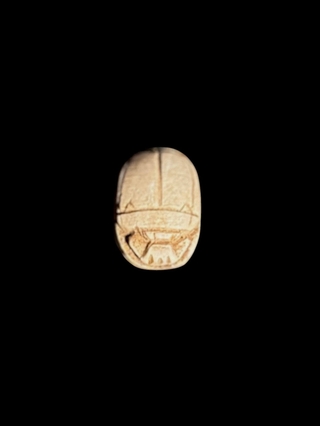 Top view of a cream and tan stone scarab showing incised wing cases and head details against a black background.