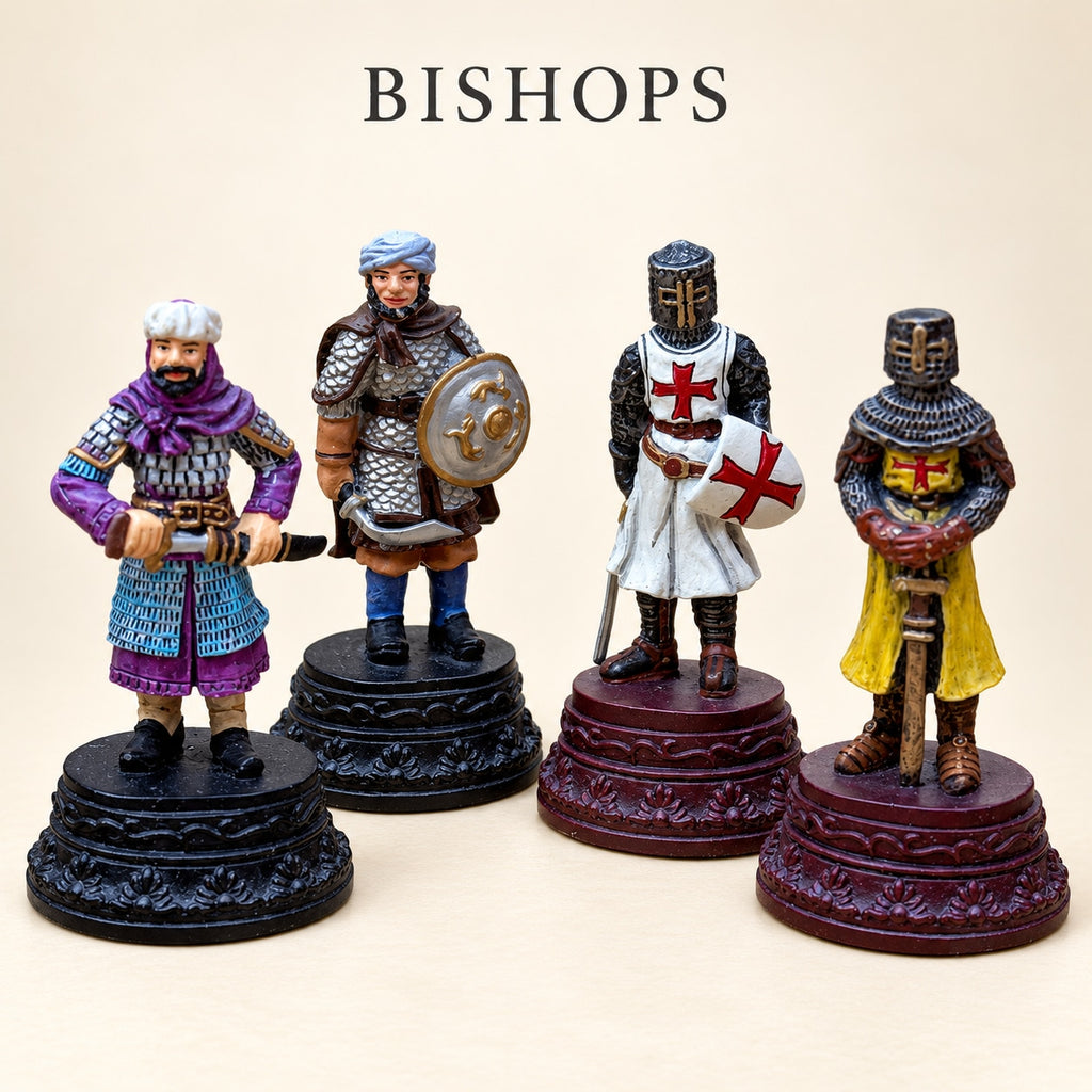 Four Crusaders vs. Arabs pewter bishop pieces showing contrasting armour, helmets and shields.