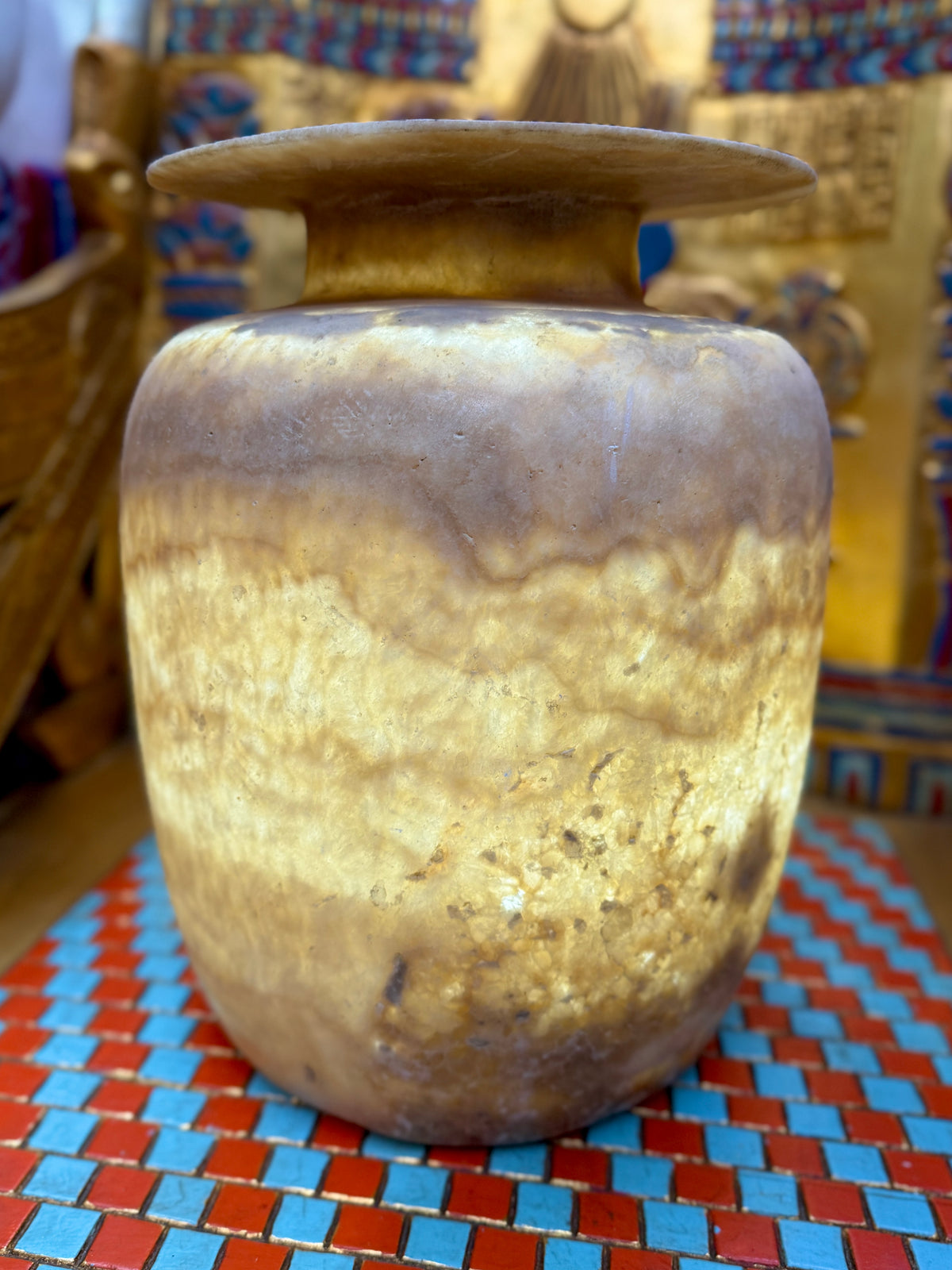 Large wide alabaster vase with smoky brown and pale honey bands, a low neck and broad flared rim — additional view 1.