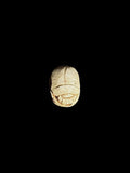 Top view of a cream-coloured oval stone scarab with outlined wing cases and brown accents against a black background.