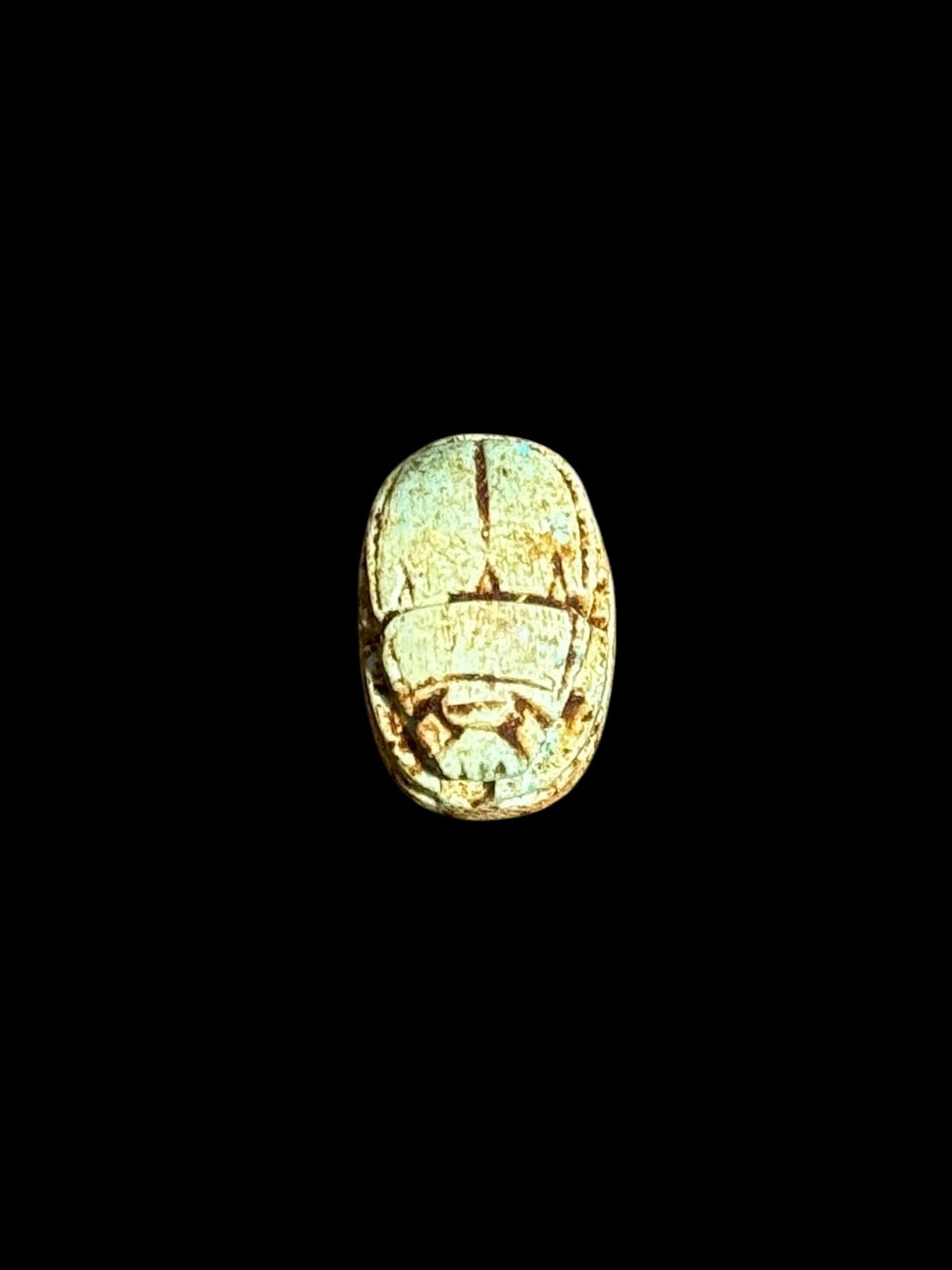 Top view of Egyptian scarab SC-072, showing blue-green and cream tones with dark outlines.