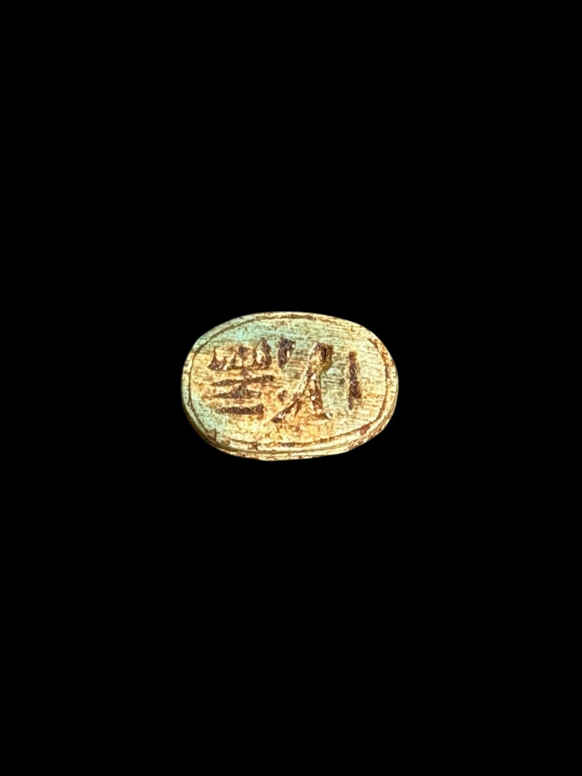 Underside of Egyptian scarab SC-062, showing cream underside with brown markings and green accents near the edge.