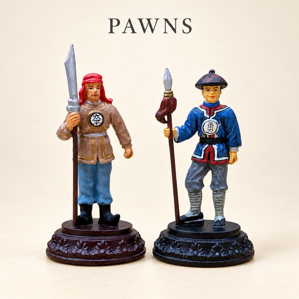 Two Chinese Dynasties pewter pawn pieces, one in brown clothing and one in blue, holding long weapons.