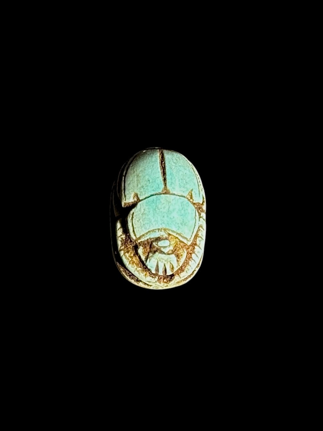 Top view of a turquoise-coloured stone scarab showing divided wing cases, outlined head details and darker grooves against a black background.