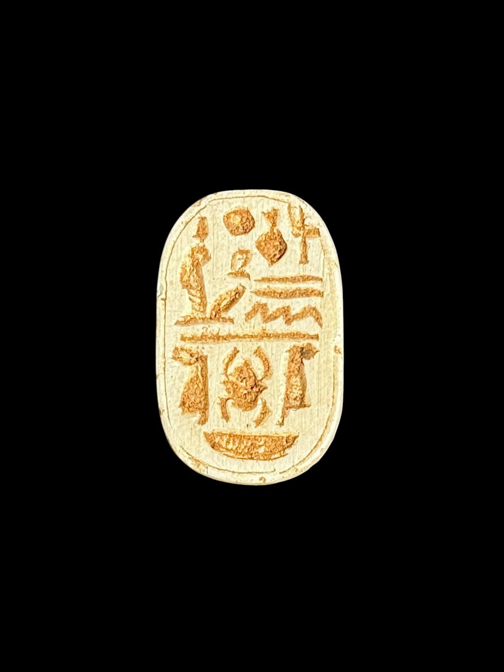 Underside of Egyptian scarab SC-106, showing pale tan underside with several rows of incised motifs.