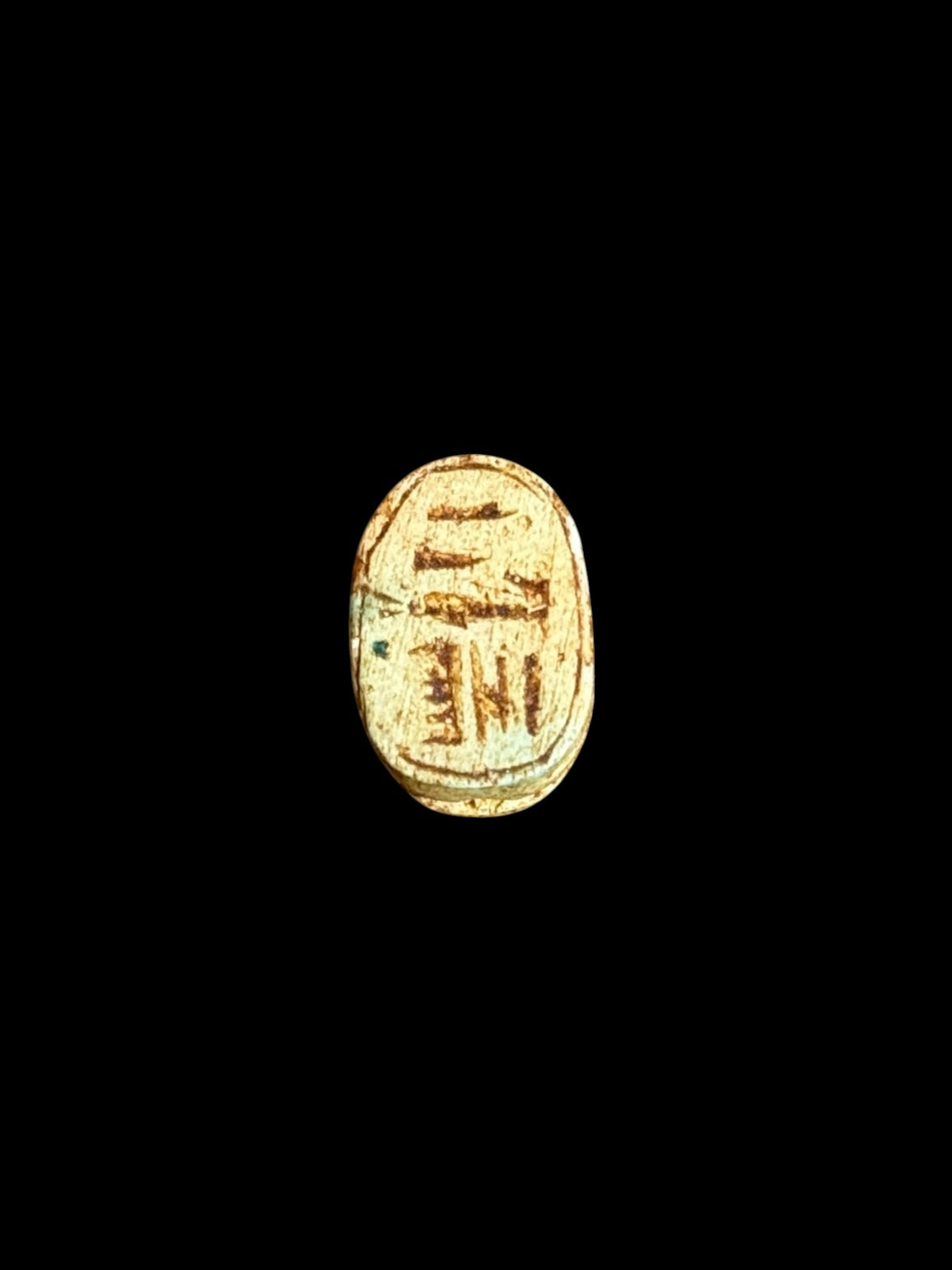 Underside of Egyptian scarab SC-068, showing pale underside with brown markings inside an oval border.