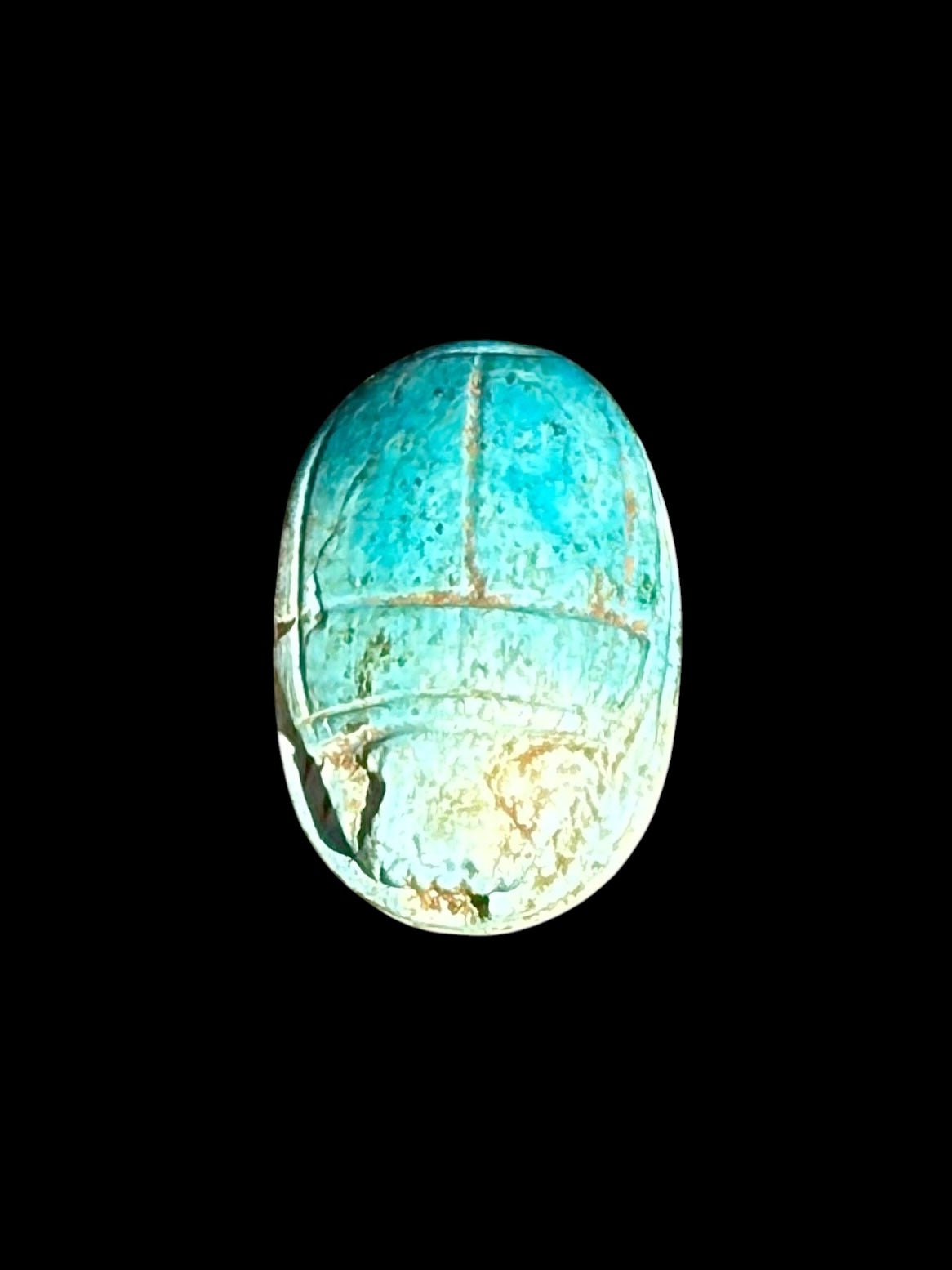 Top view of Egyptian scarab SC-107, showing turquoise tones fading into pale cream near the head.