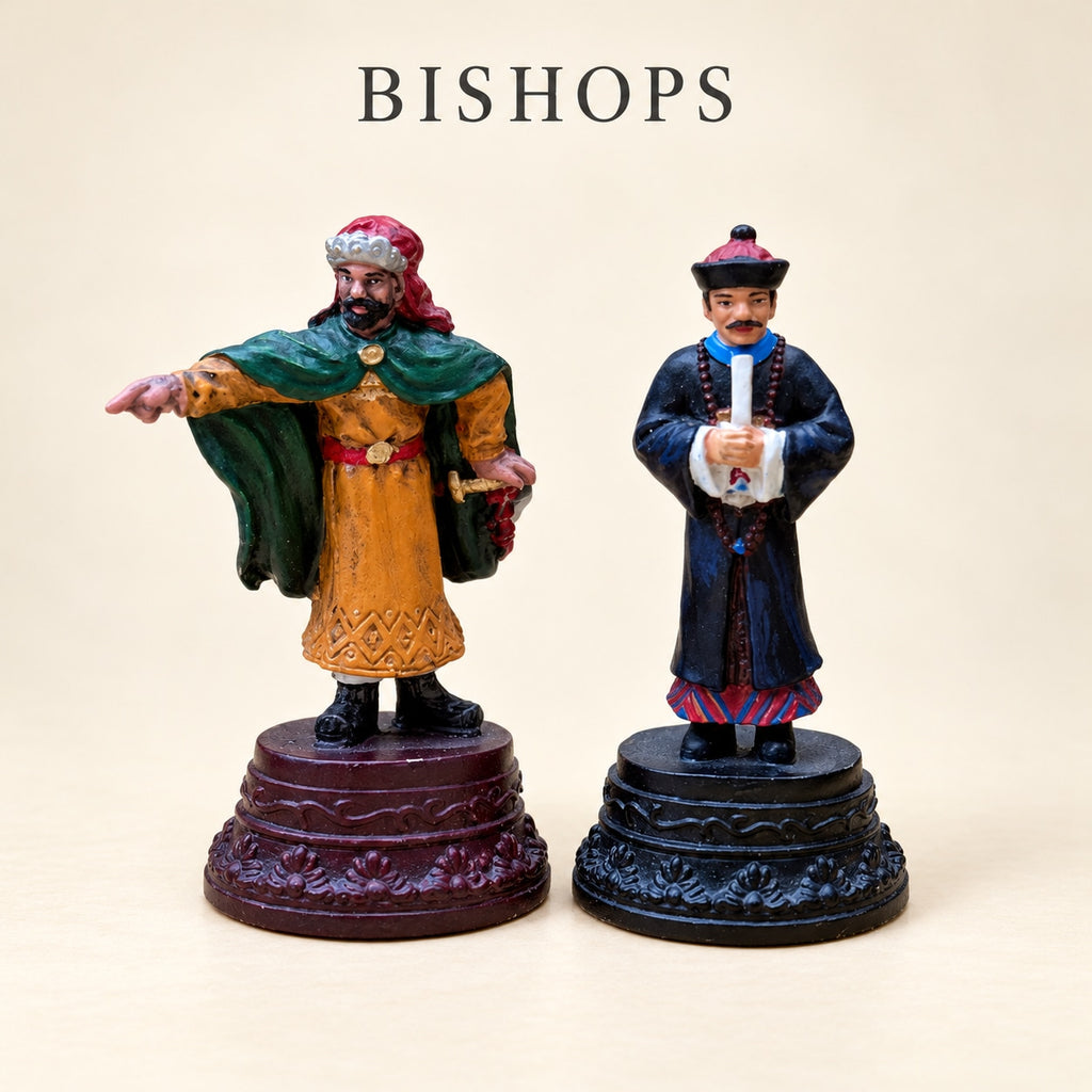 Two Chinese Dynasties pewter bishop pieces in green and dark blue robes.