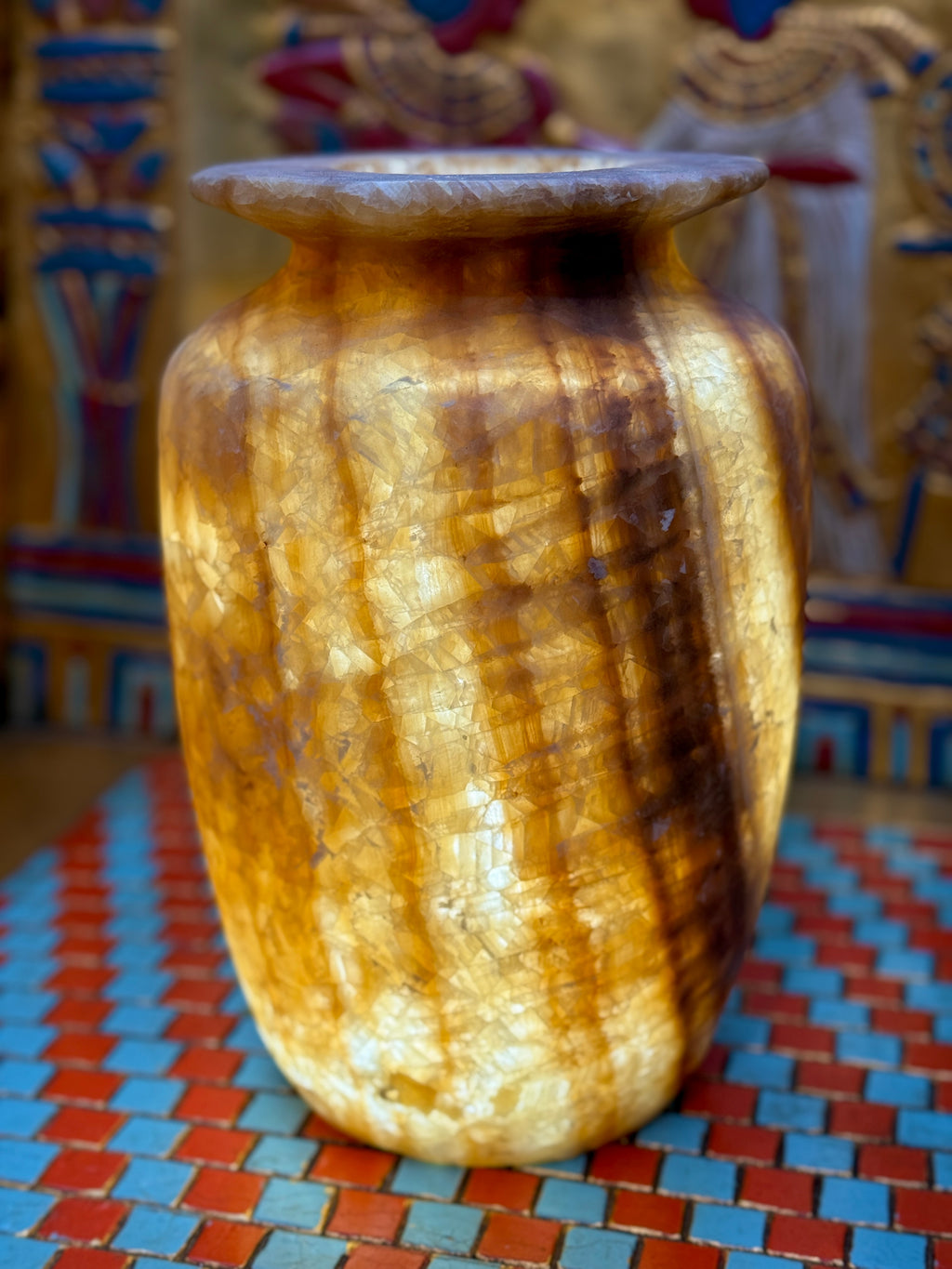 Tall alabaster vase with golden-coloured stripes, deep brown bands and a flared rim — additional view 1.