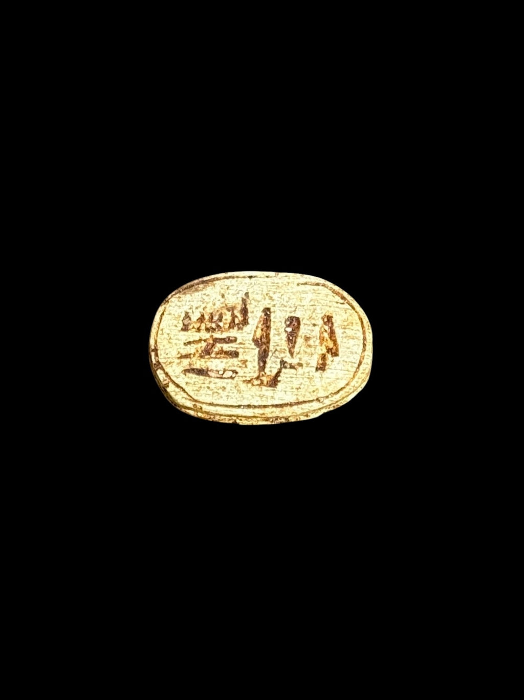 Underside of Egyptian scarab SC-053, showing cream underside with brown incised markings.
