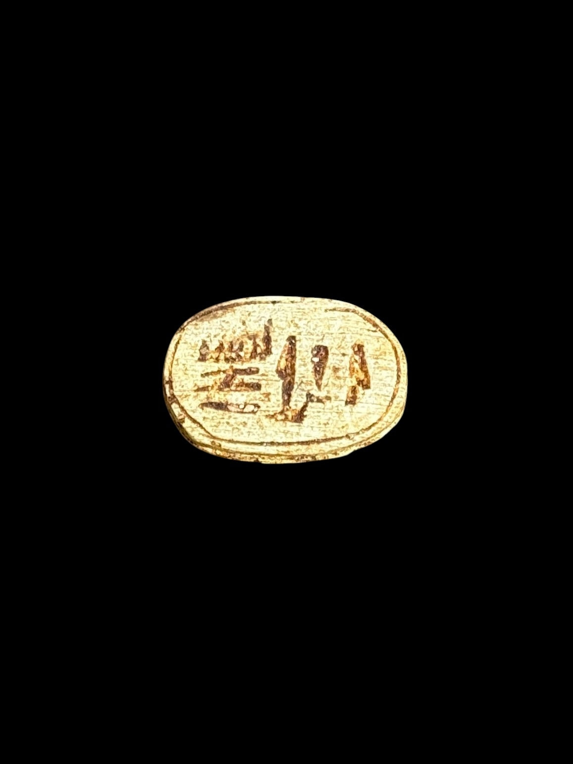Underside of Egyptian scarab SC-053, showing cream underside with brown incised markings.