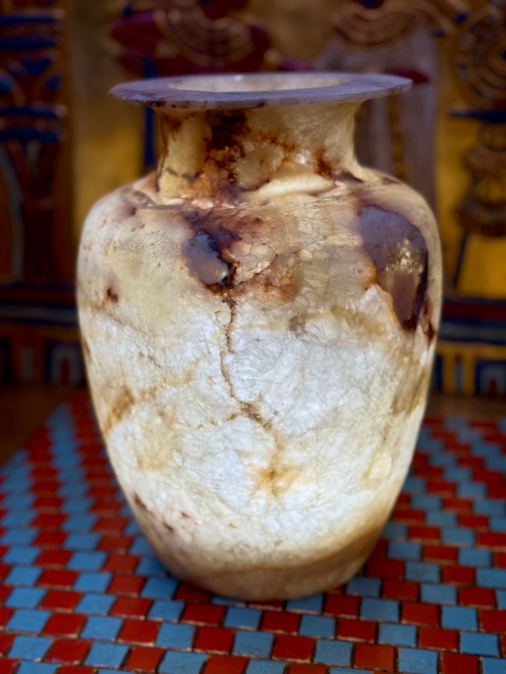 Tall cream alabaster vase with chestnut-brown patches, fine veining and a flared rim — additional view 1.