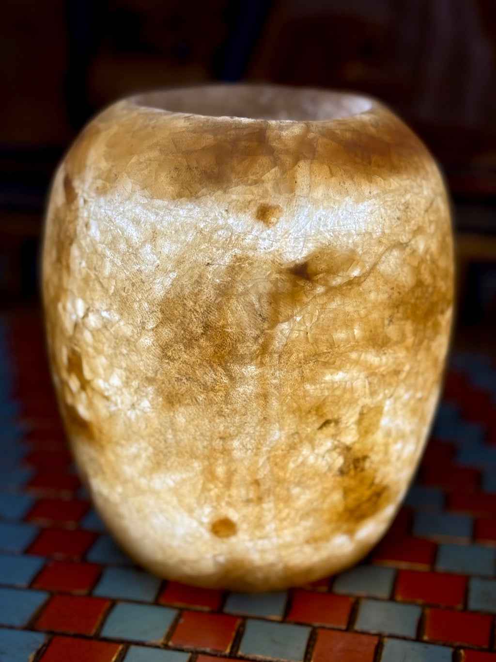 Small rounded alabaster vase with cloudy cream areas, honey-coloured patches and fine veining — additional view 2.