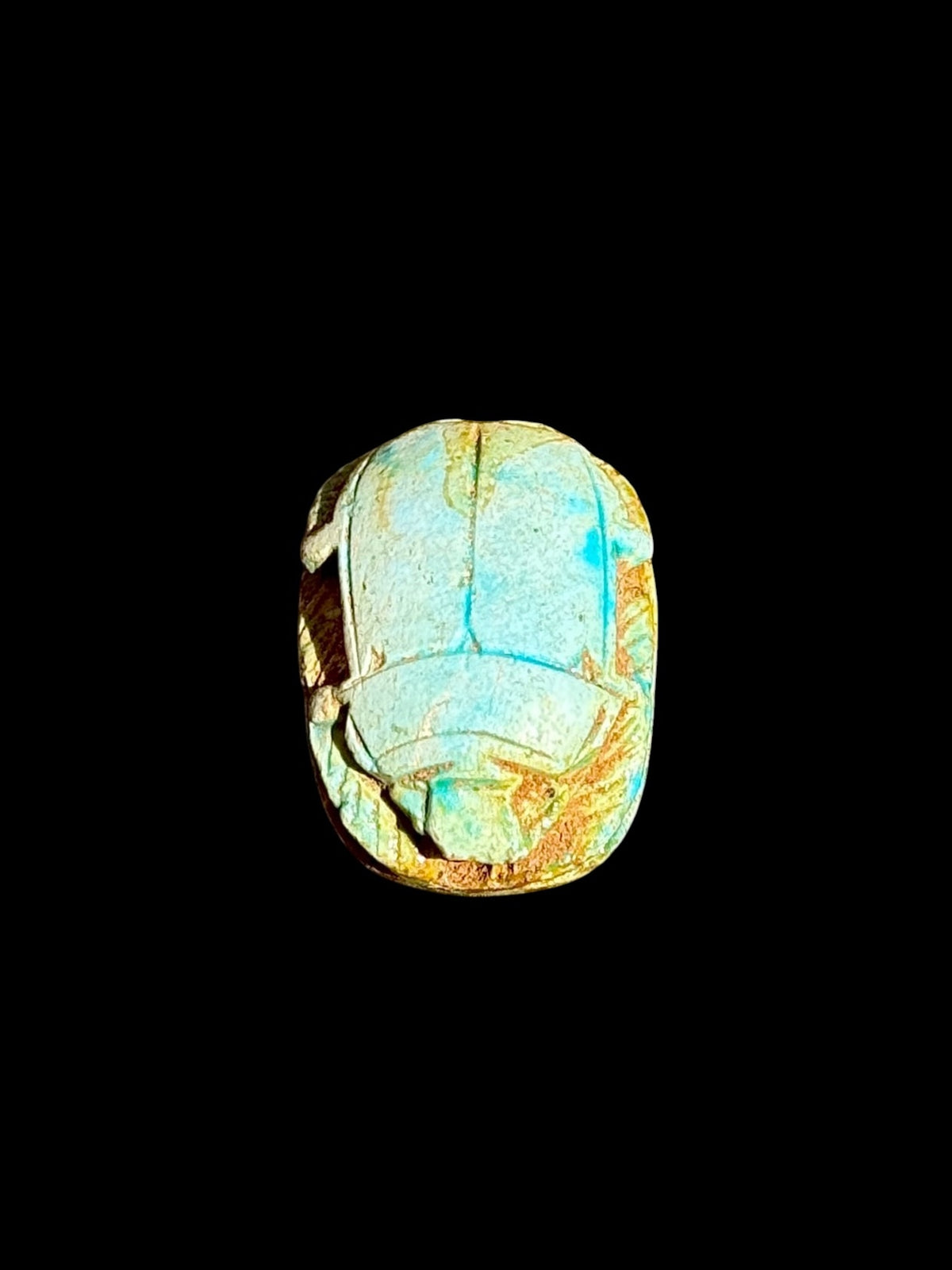 Top view of Egyptian scarab SC-105, showing turquoise tones with cream and golden patches.