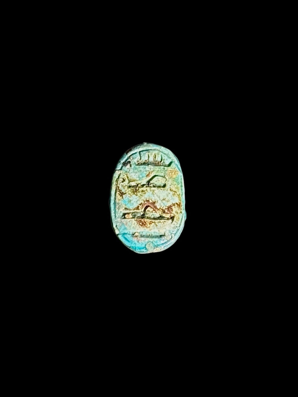 Underside of the scarab showing rows of incised markings within an oval border, with turquoise, cream and brown colouring against black.