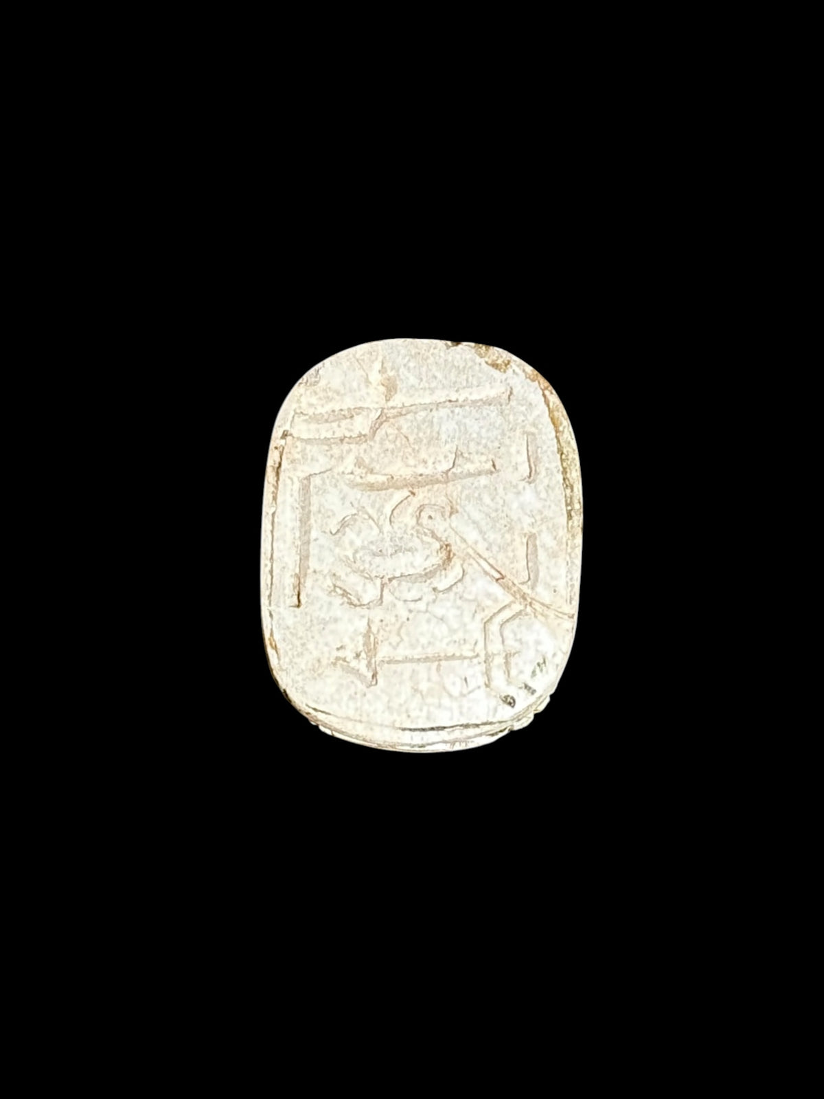 Underside of Egyptian scarab SC-115, showing pale underside with fine incised motifs.