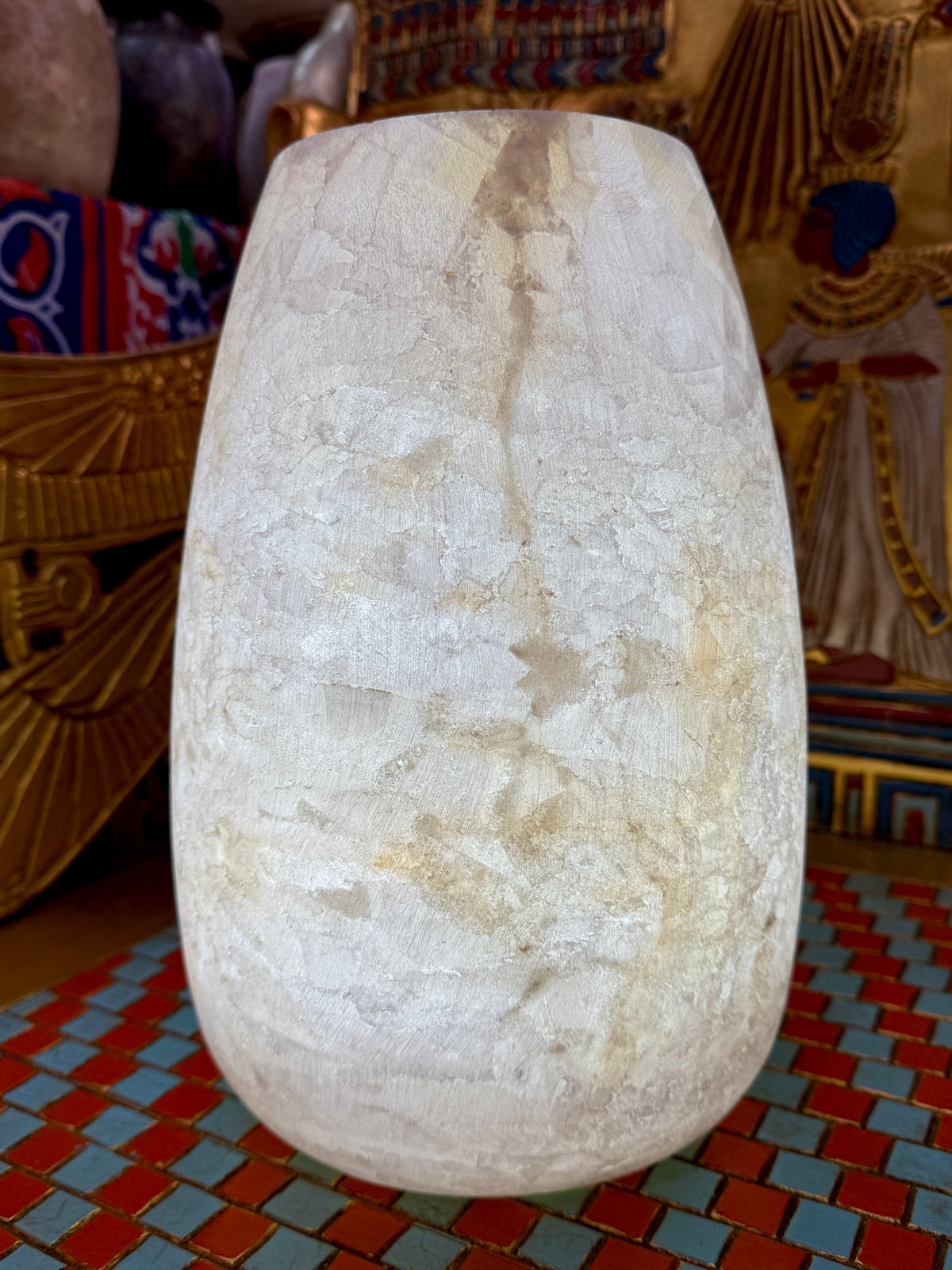 Tall cream alabaster vase with a gently curved body and pale honey-coloured veins — additional view 1.