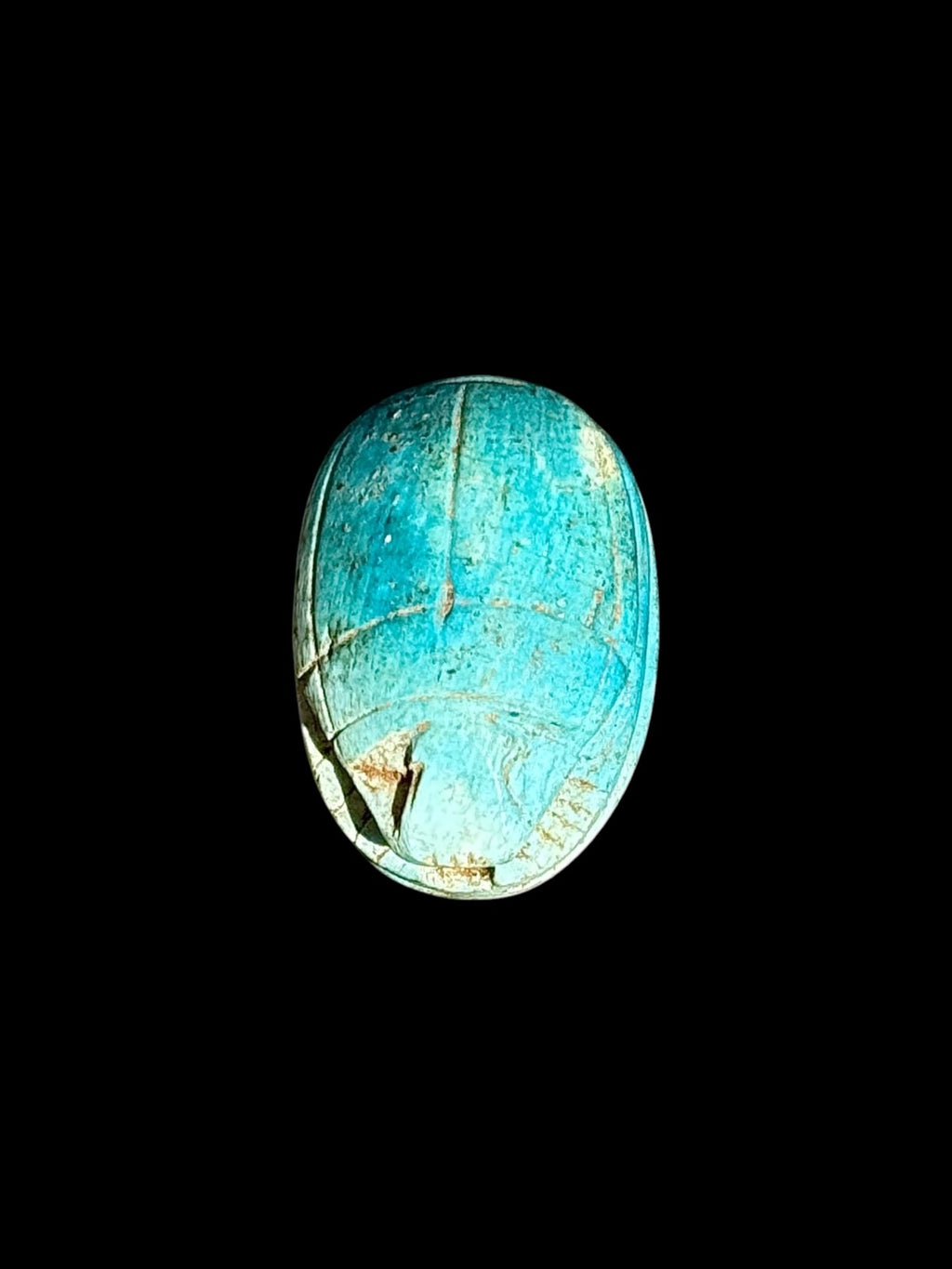 Top view of Egyptian scarab SC-108, showing deep turquoise and blue-green tones.